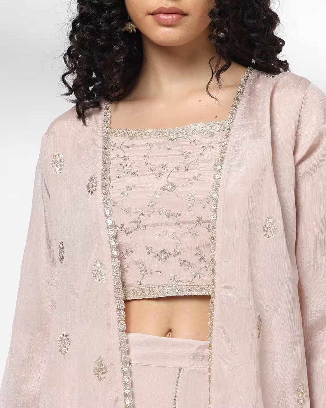Women Embroidered Top with Skirt & Jacket Set