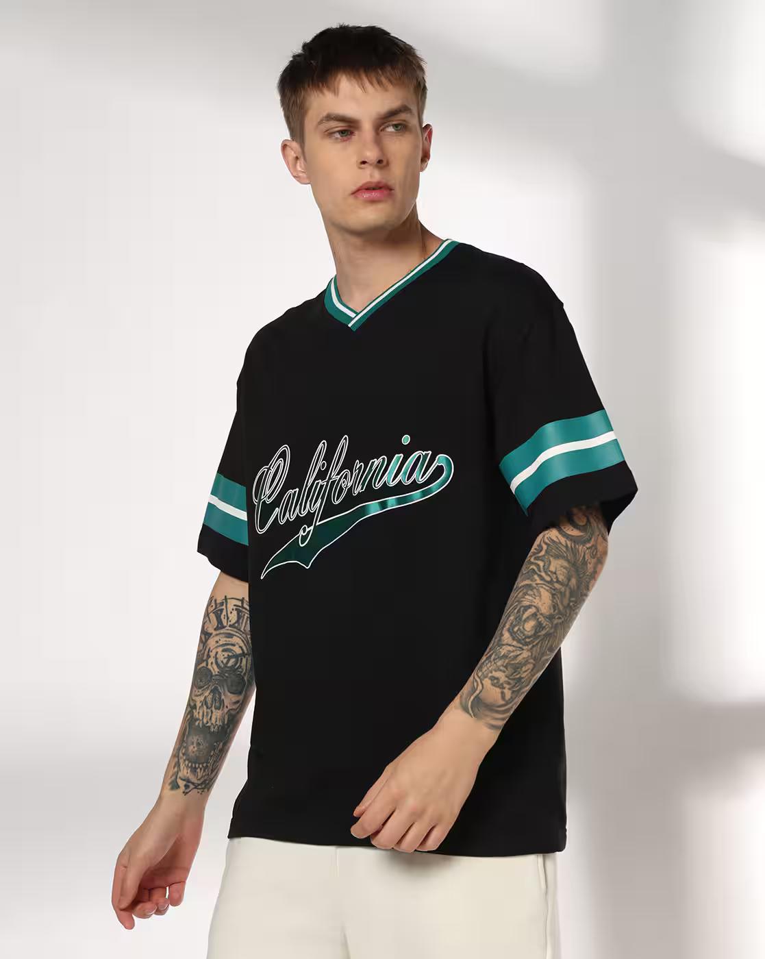 Men Typographic Print Regular Fit V-Neck T-Shirt