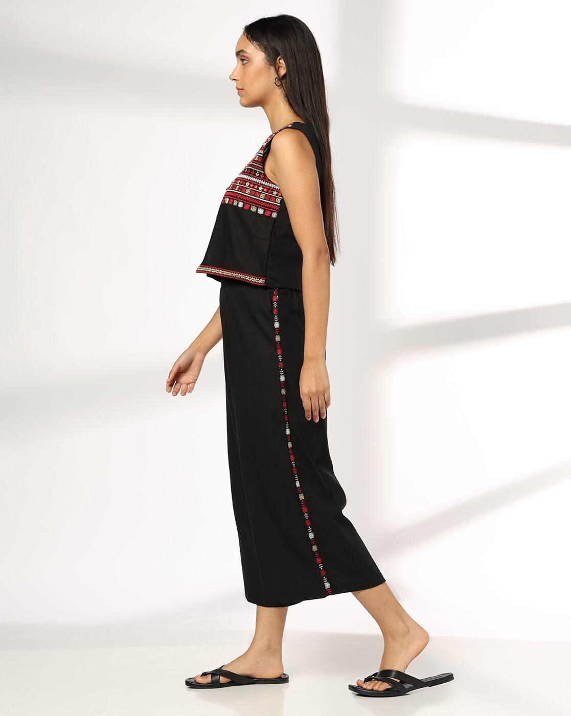 Women Embroidered Relaxed Fit Top with Flared Pants