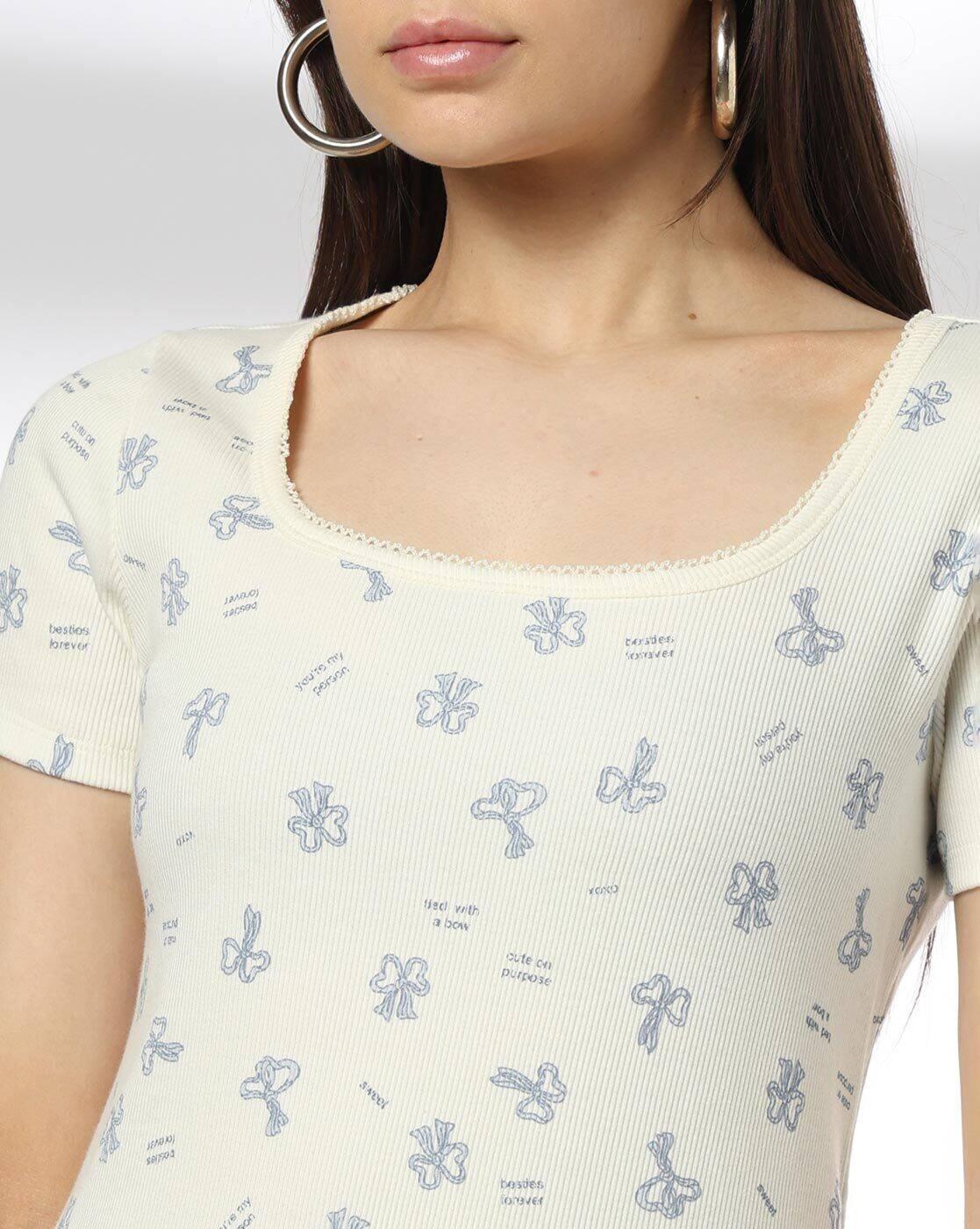 Women Printed Lace Trim Slim Fit T-Shirt