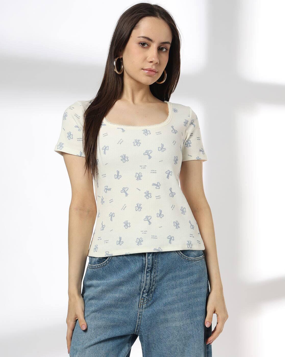 Women Printed Lace Trim Slim Fit T-Shirt