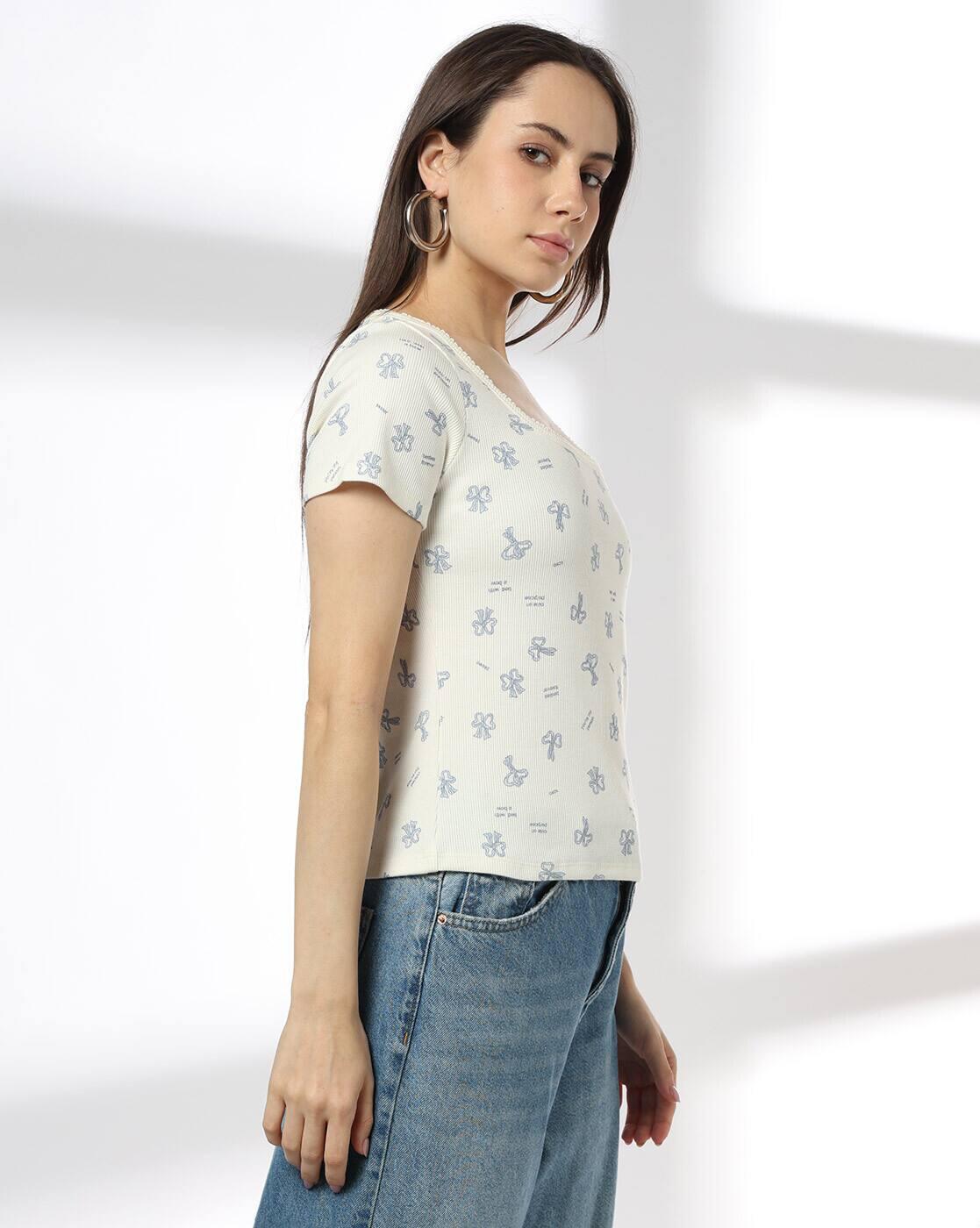 Women Printed Lace Trim Slim Fit T-Shirt