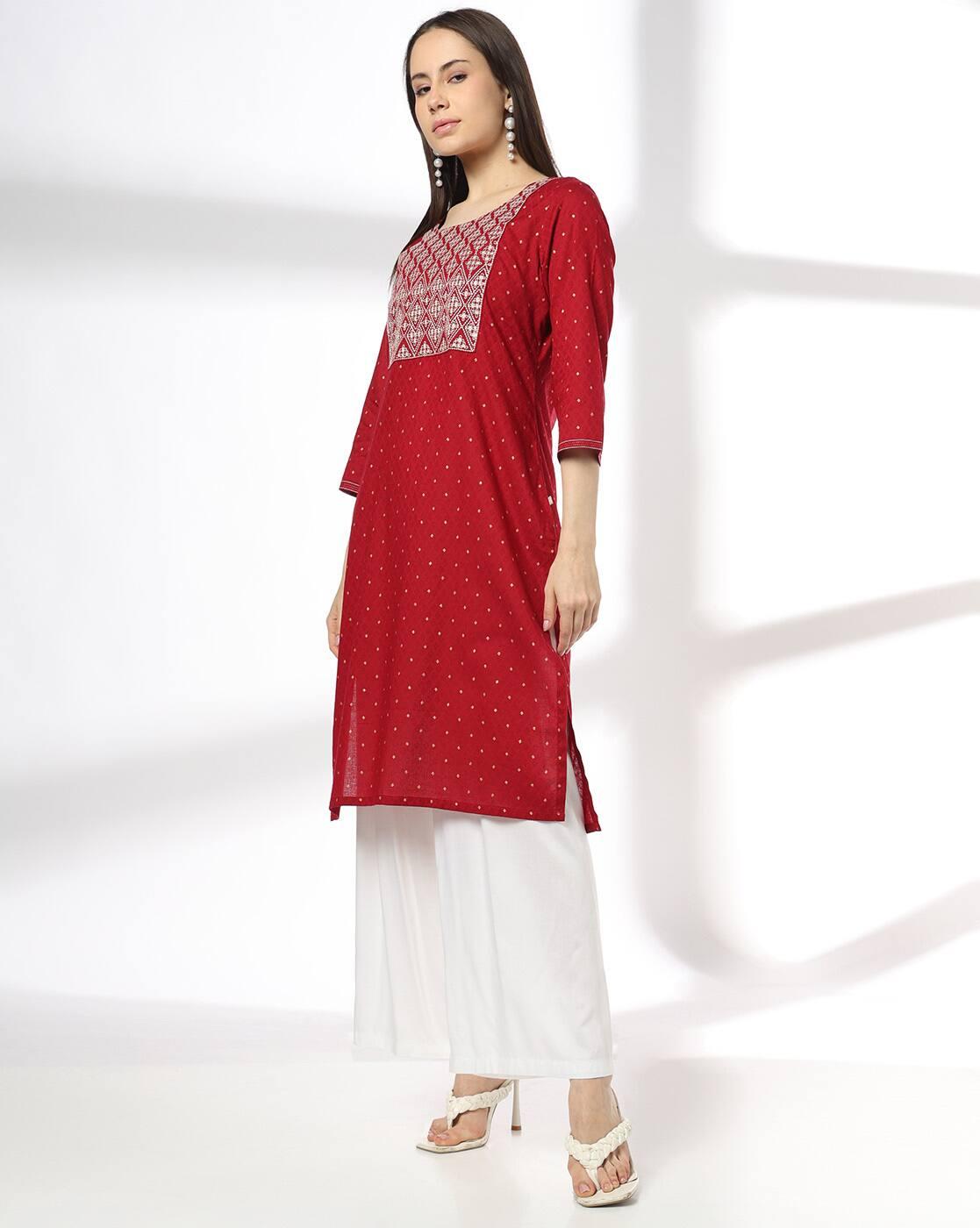 Women Straight Kurta with Embroidered Yoke