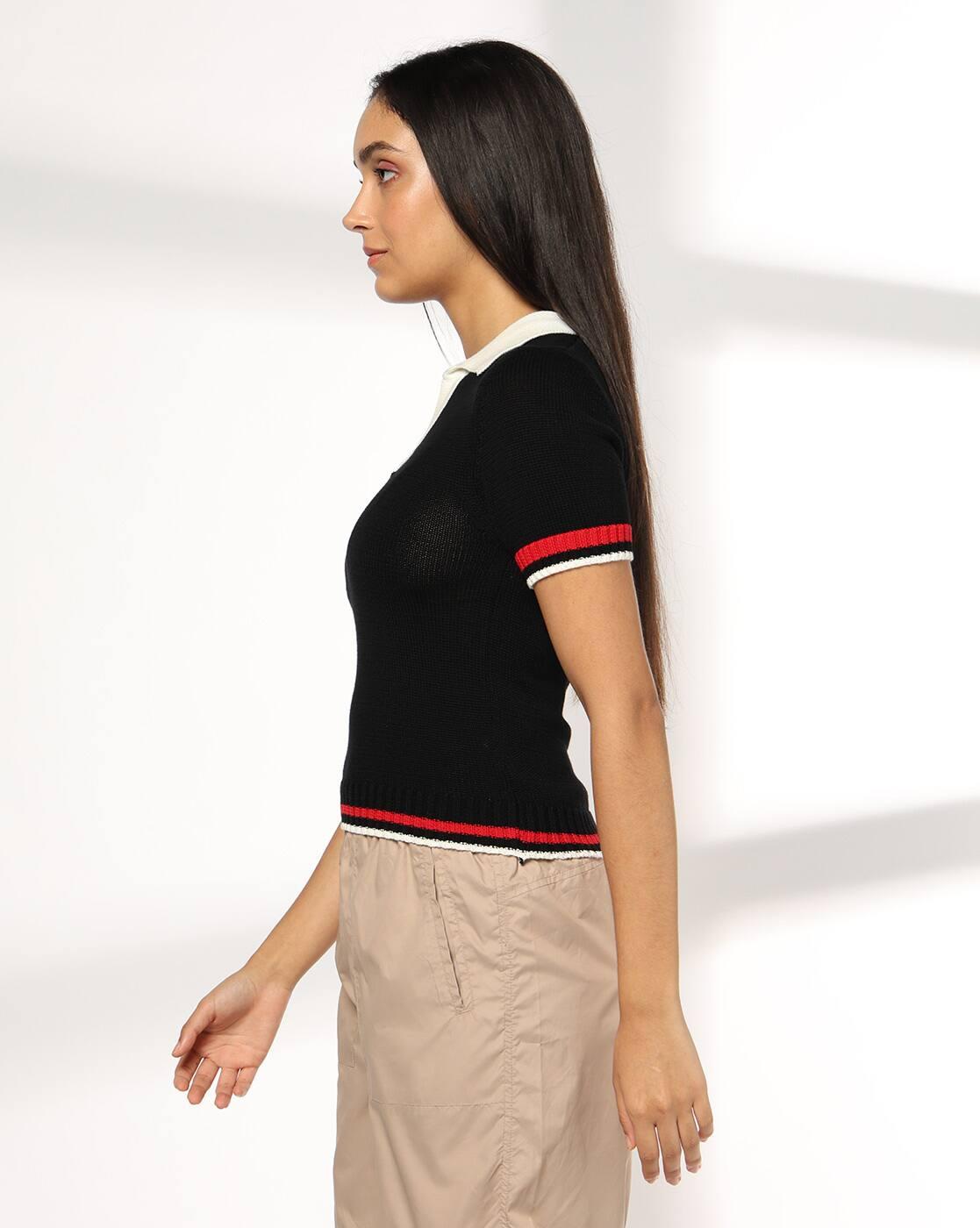 Women Regular Fit Polo Top with Contrast Tipping Flatknit