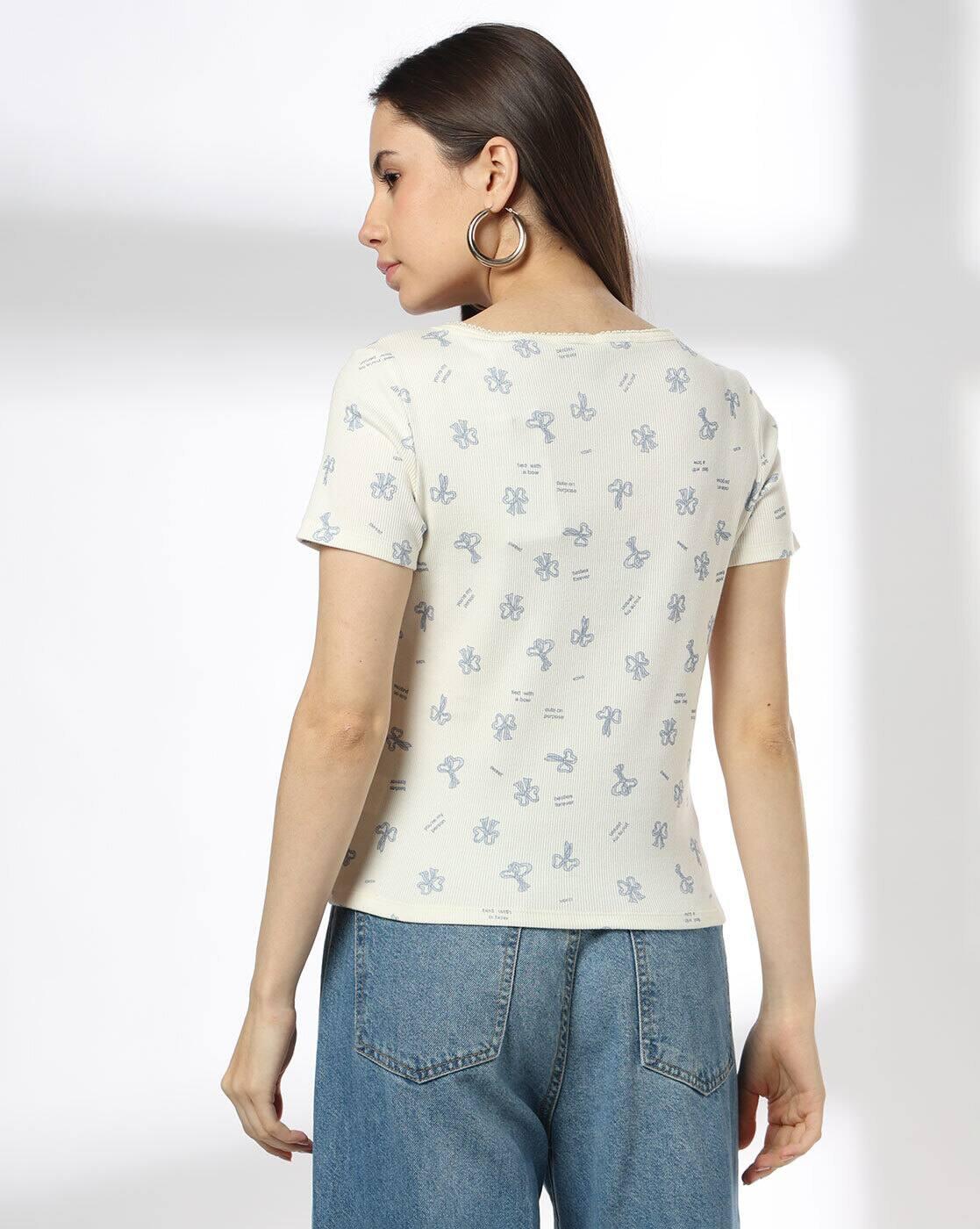 Women Printed Lace Trim Slim Fit T-Shirt