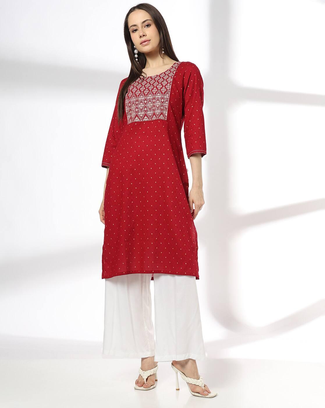Women Straight Kurta with Embroidered Yoke