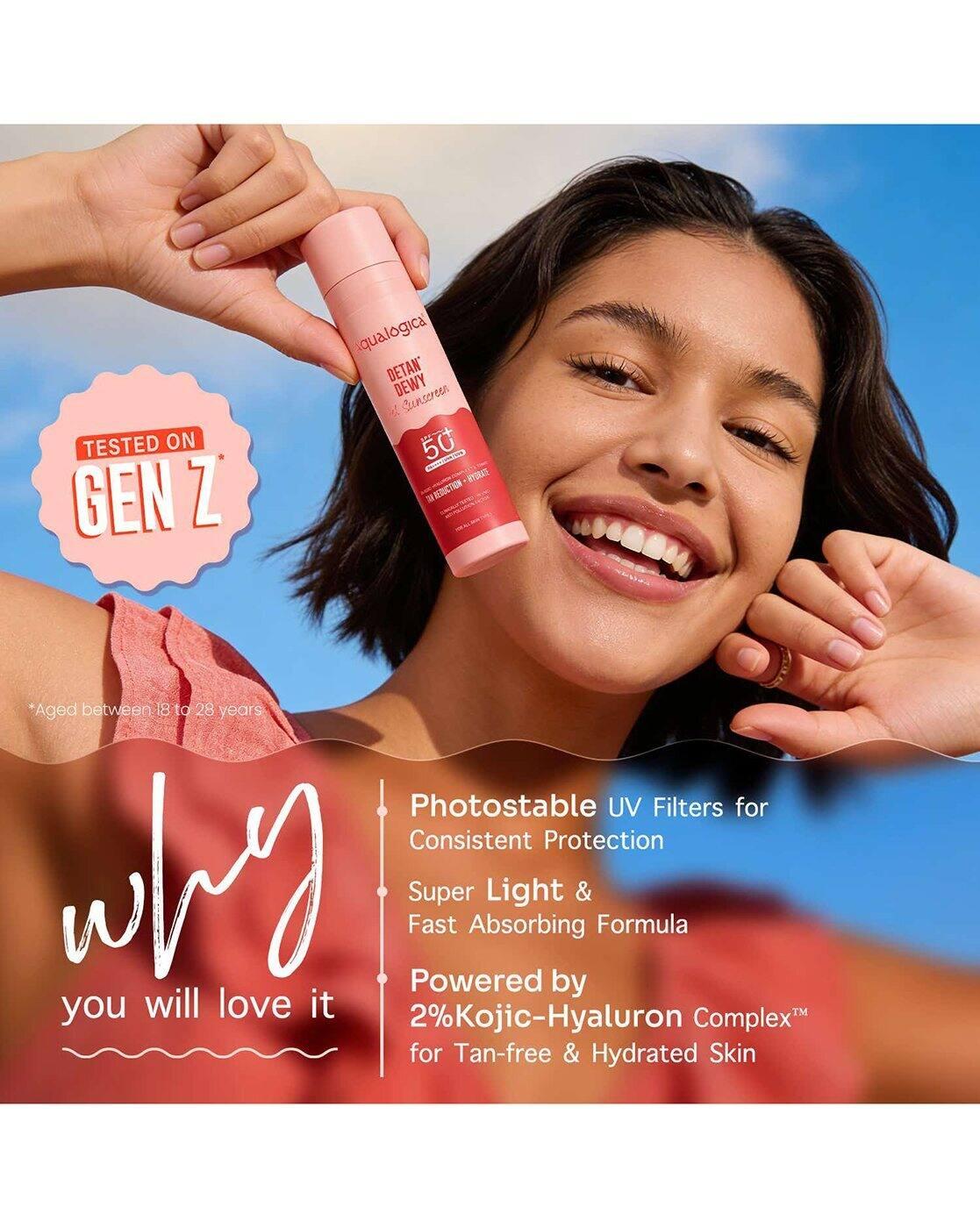 Detan+ Dewy Lightweight Sunscreen Gel SPF 50+ PA++++ for Normal & Dry Skin (50 g)