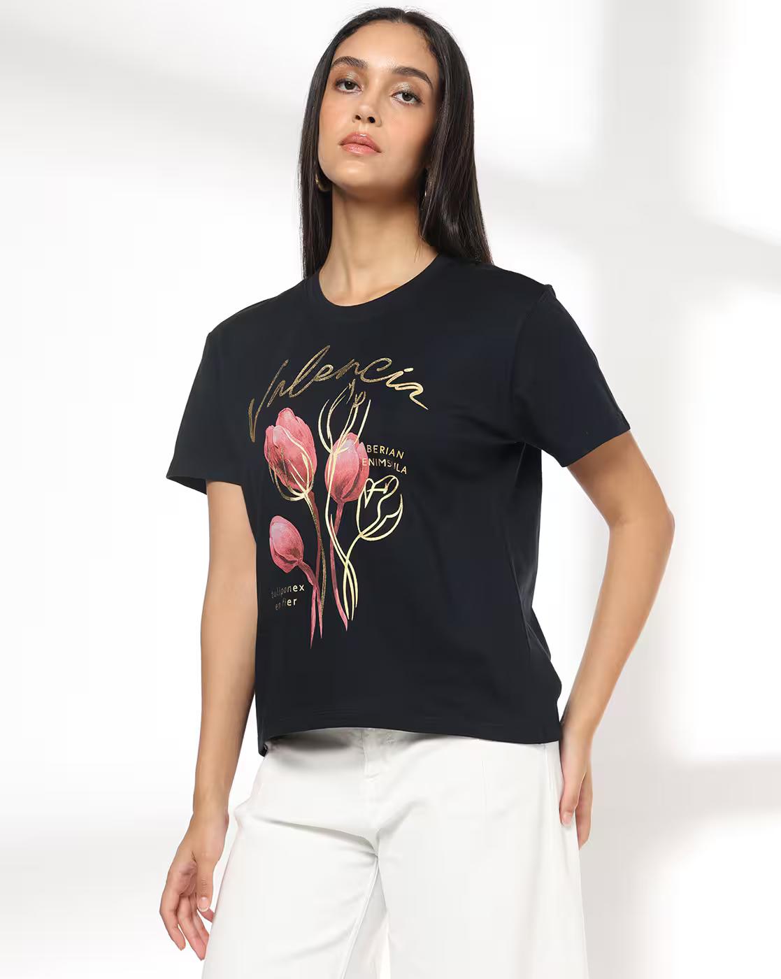 Women Valencia Print Boxy Fit Round-Neck T-Shirt