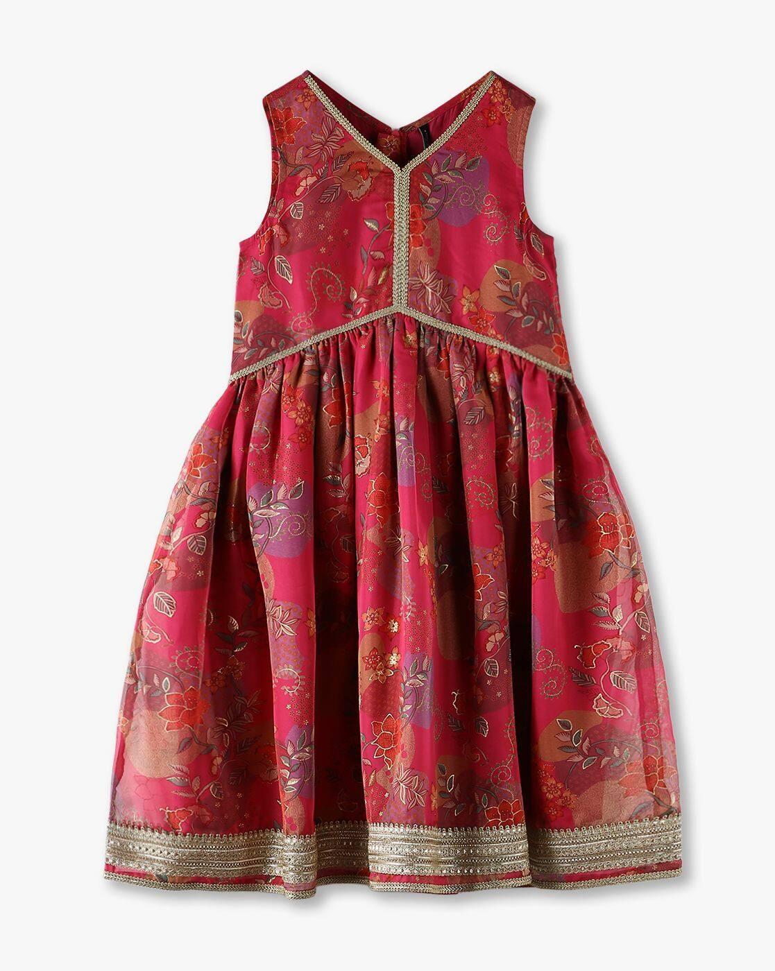 Girls Floral Print V-Neck Fit & Flare Dress