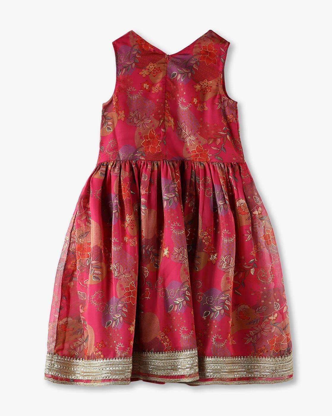 Girls Floral Print V-Neck Fit & Flare Dress