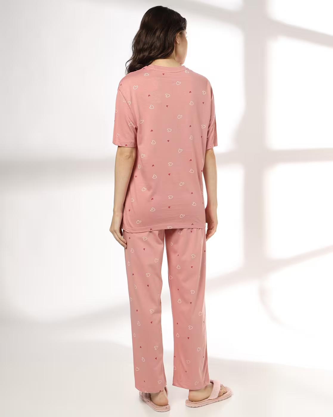 Women Heart Print T-Shirt & Pyjamas Set
