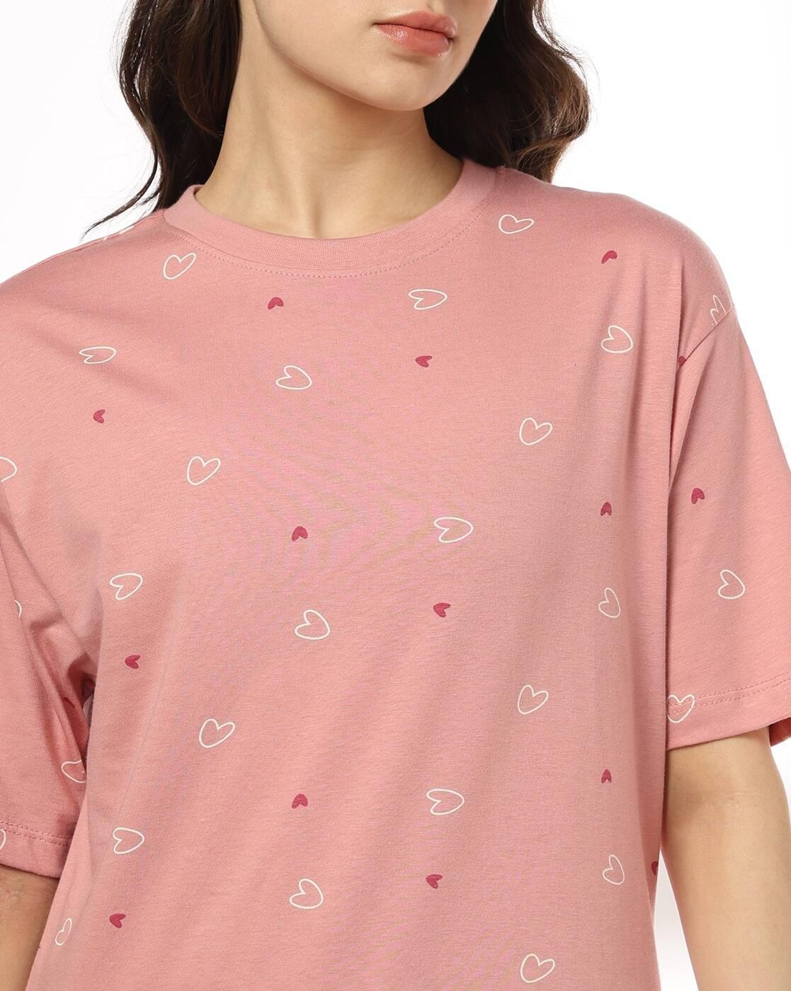 Women Heart Print T-Shirt & Pyjamas Set