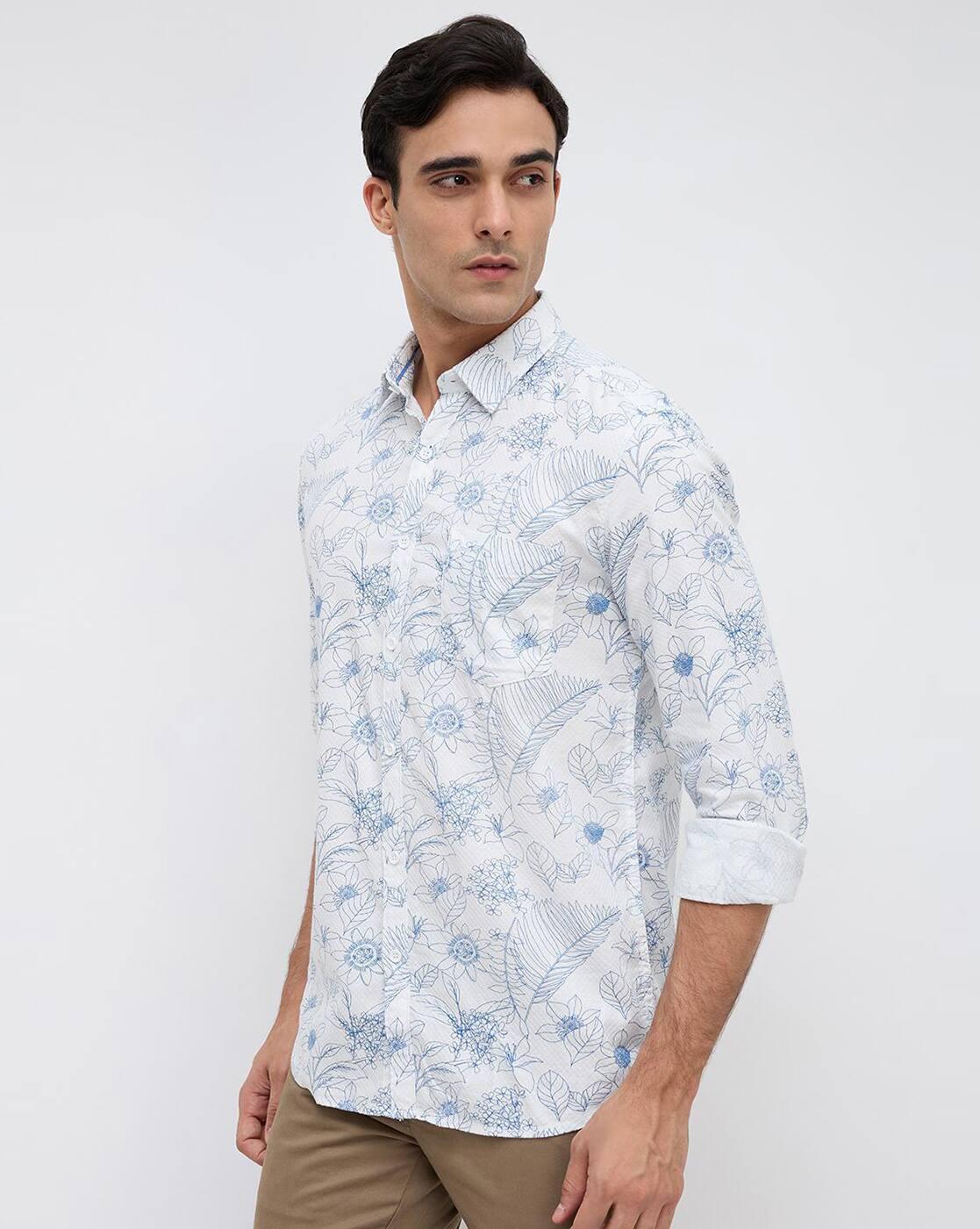 Men Tropical Print Slim Fit Shirt with Patch Pocket
