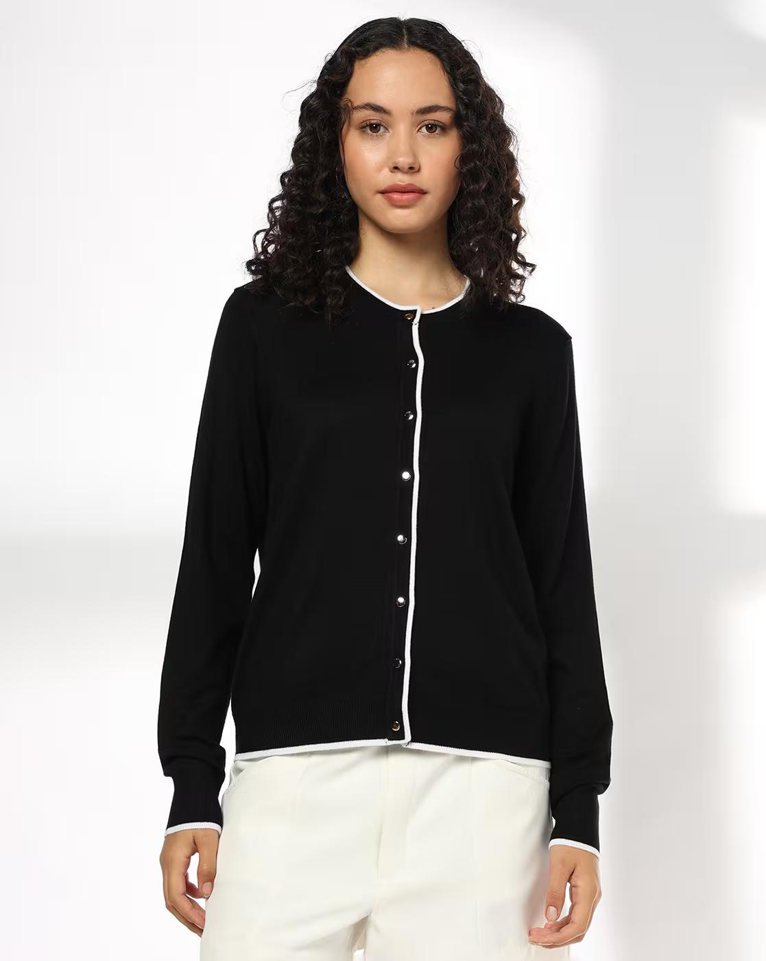 Women Cardigan with Contrast Tipping Detail