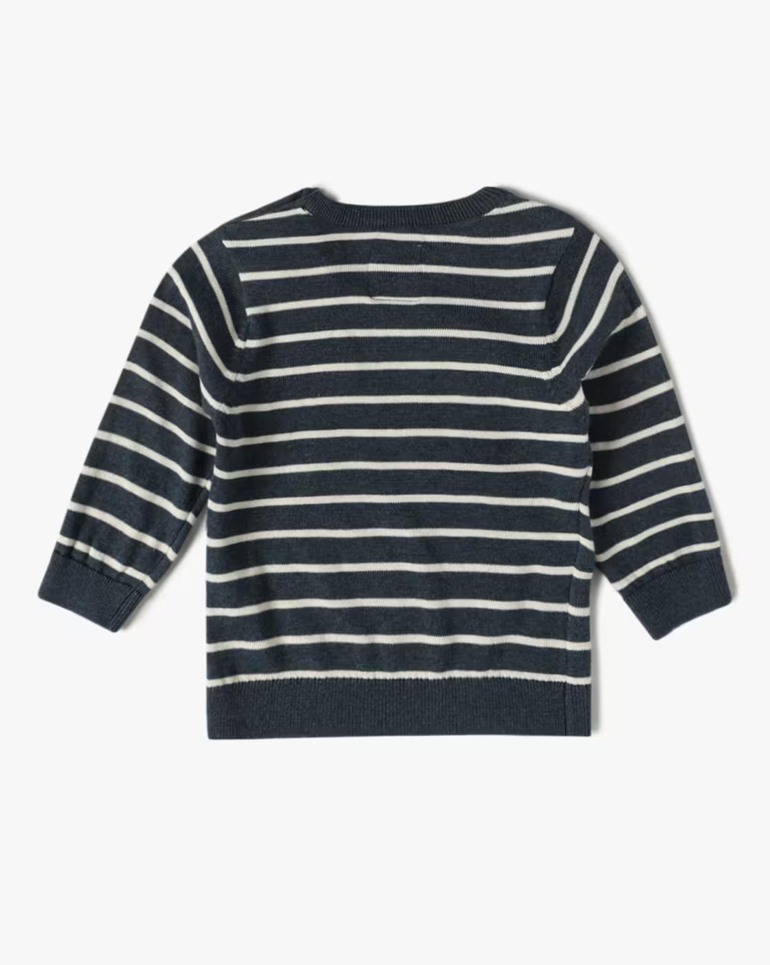 Striped Round-Neck Sweater with Bear Applique