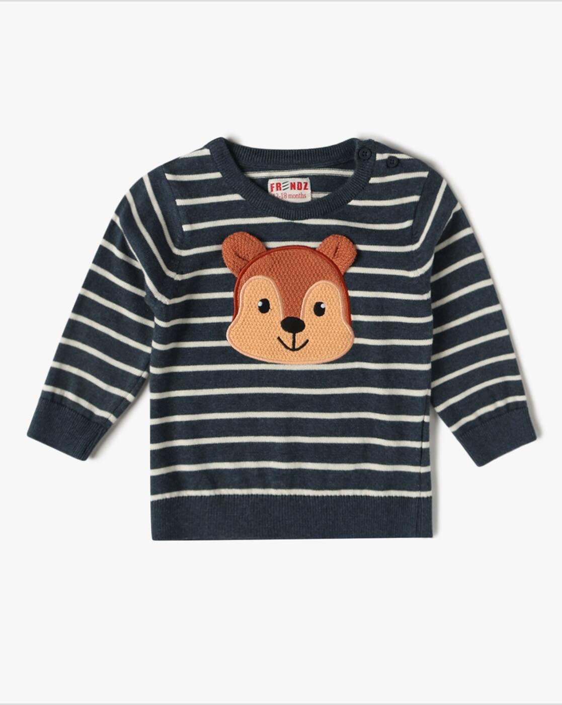 Striped Round-Neck Sweater with Bear Applique