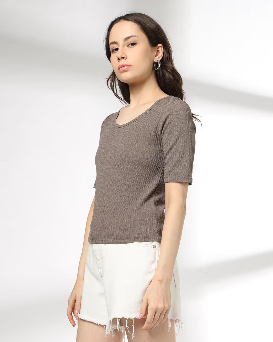 Women Ribbed Regular Fit Scoop-Neck T-Shirt