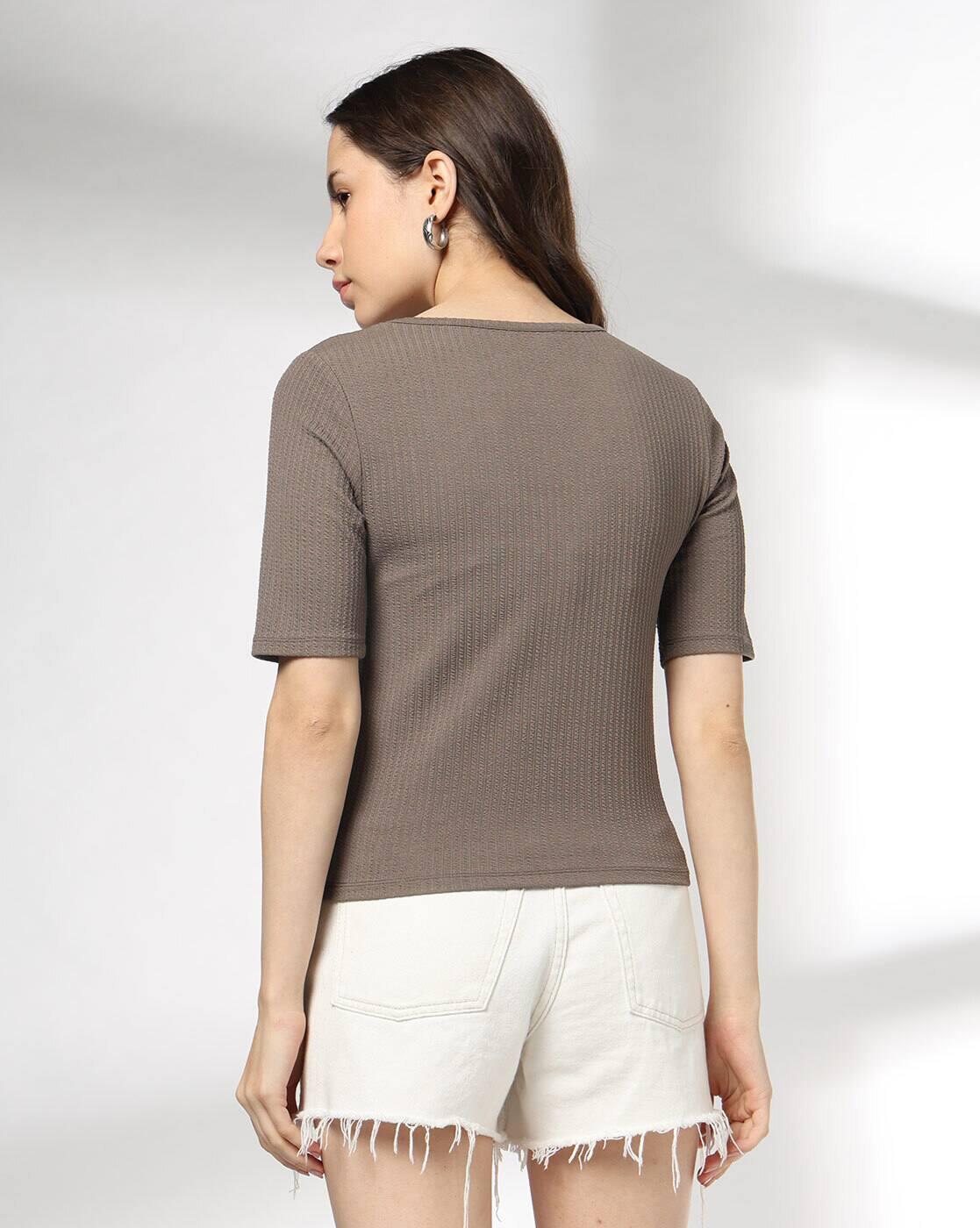 Women Ribbed Regular Fit Scoop-Neck T-Shirt