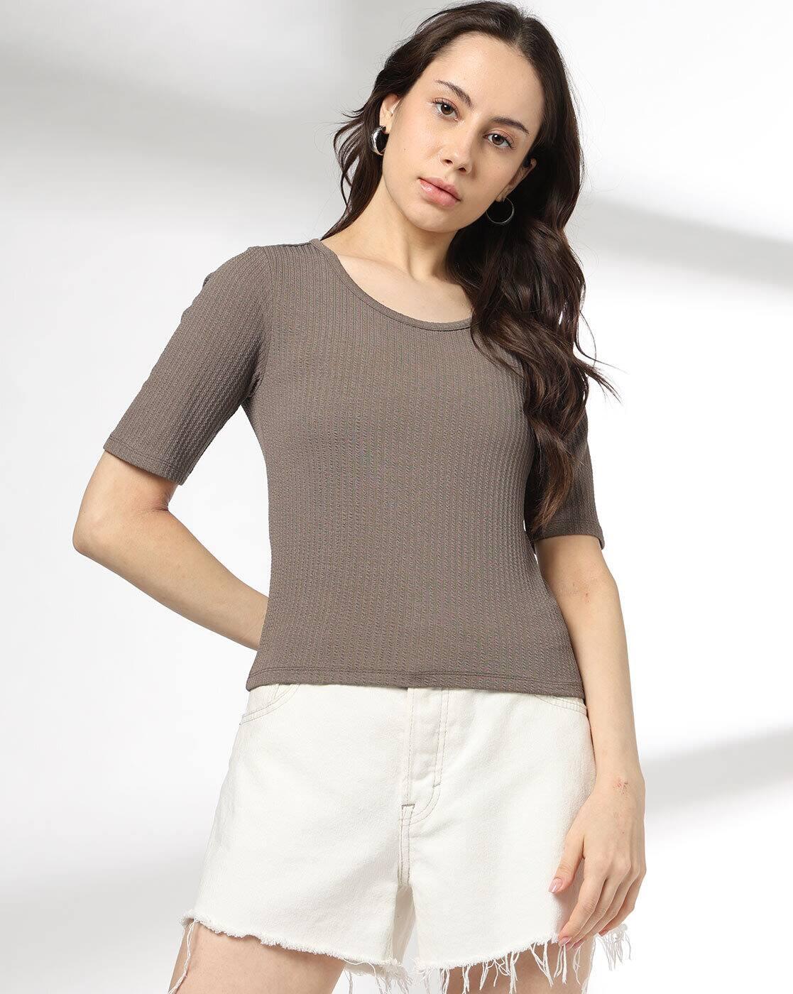 Women Ribbed Regular Fit Scoop-Neck T-Shirt