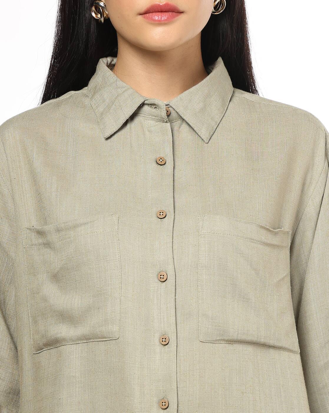 Women Oversized Crop Shirt with Patch Pocket