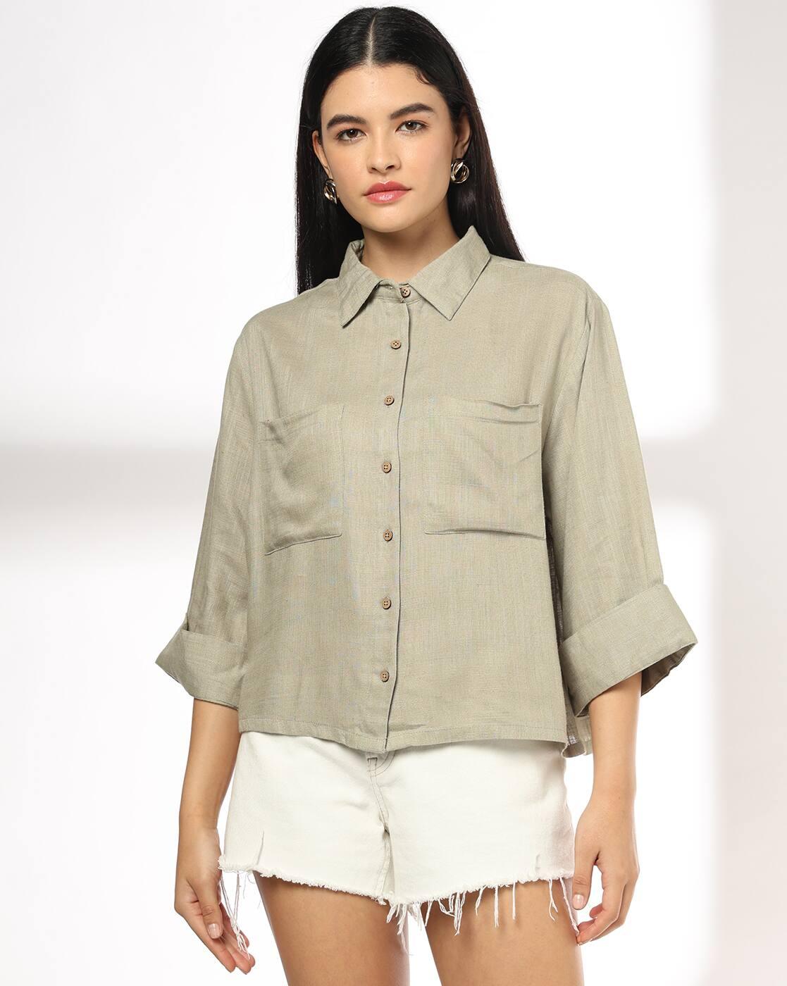 Women Oversized Crop Shirt with Patch Pocket