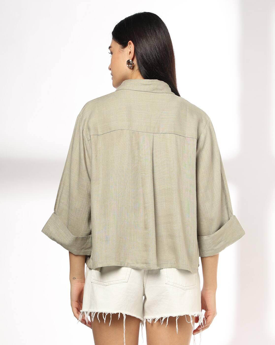 Women Oversized Crop Shirt with Patch Pocket