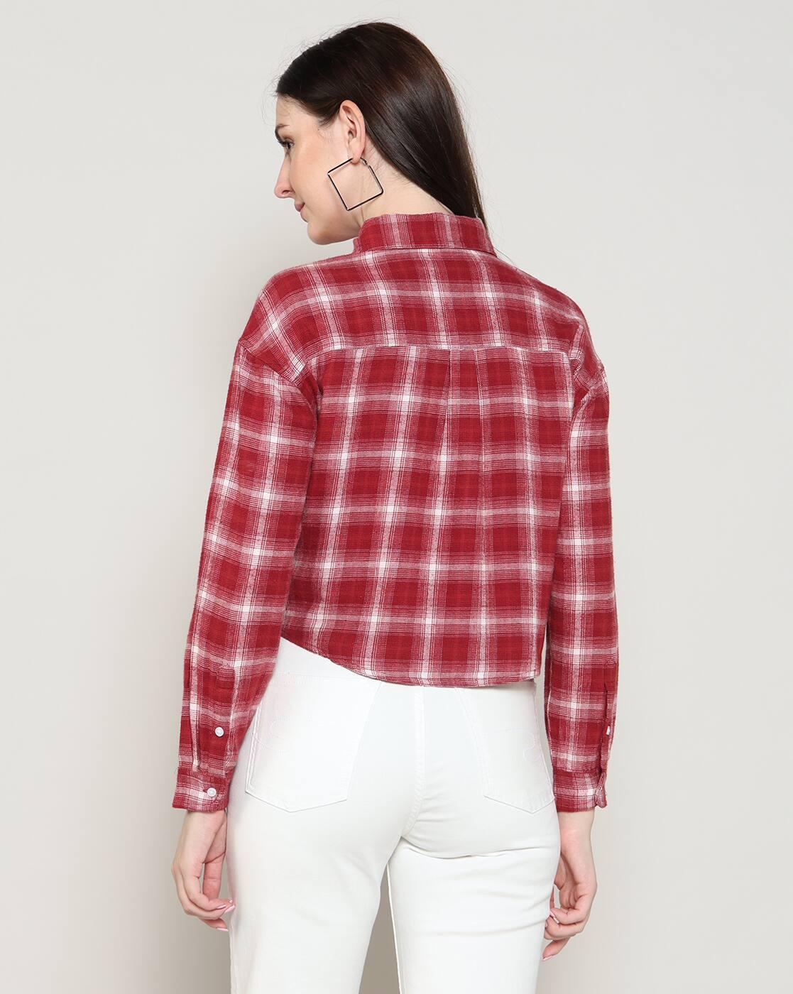 Women Checked Boxy Fit Crop Shirt with Flap Pocket