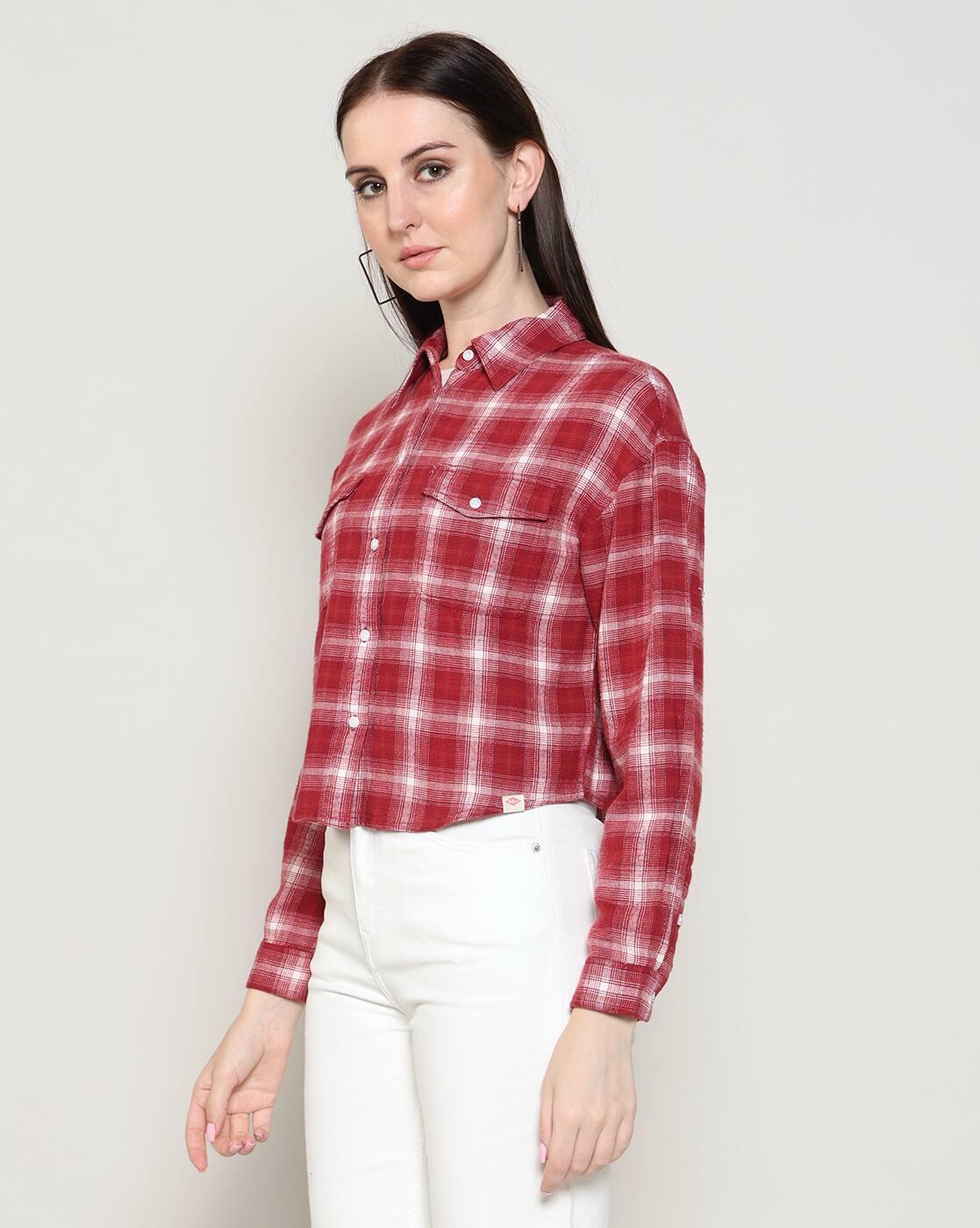 Women Checked Boxy Fit Crop Shirt with Flap Pocket