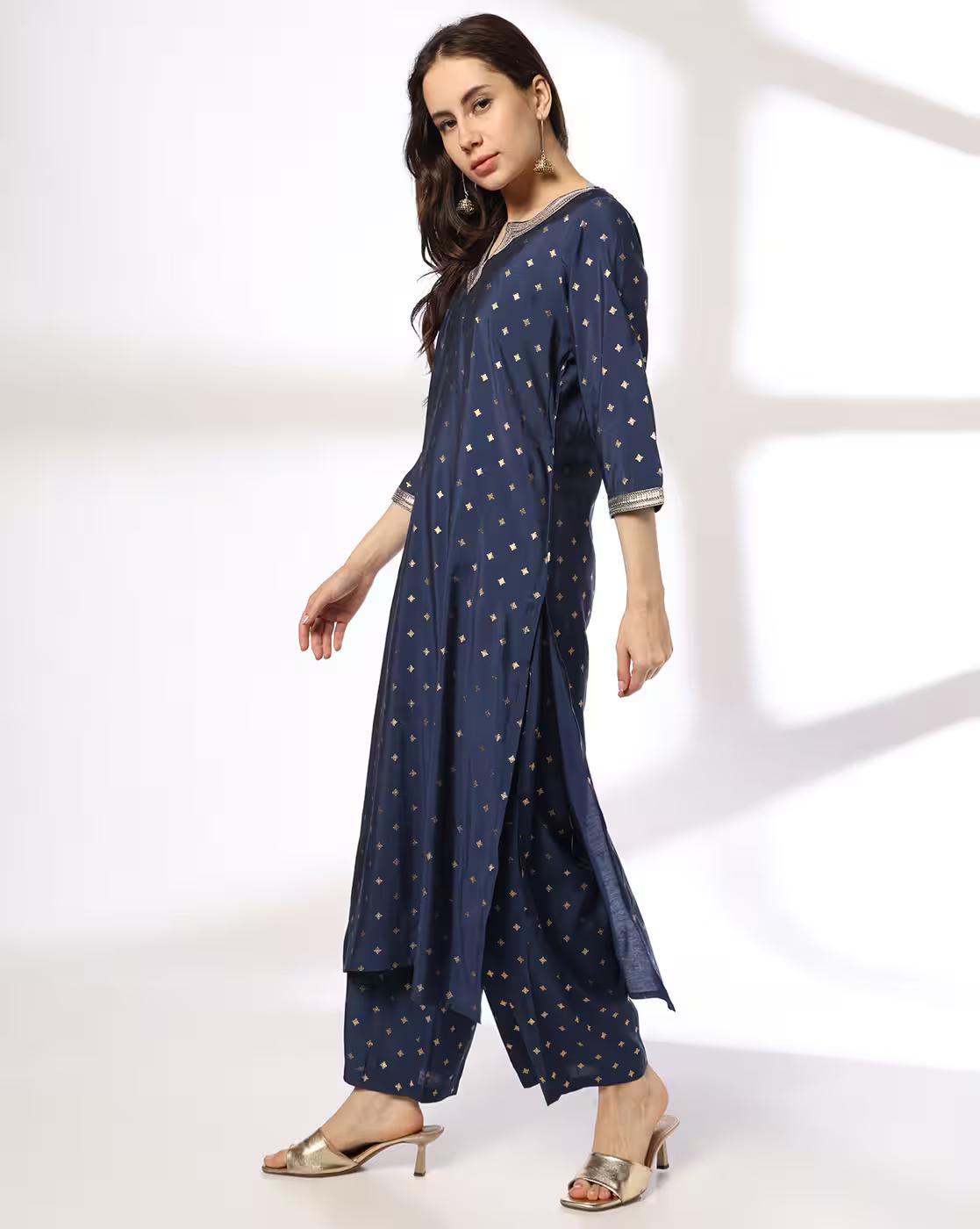 Women Foil Print Straight Kurta with Palazzos Co-Ord Set
