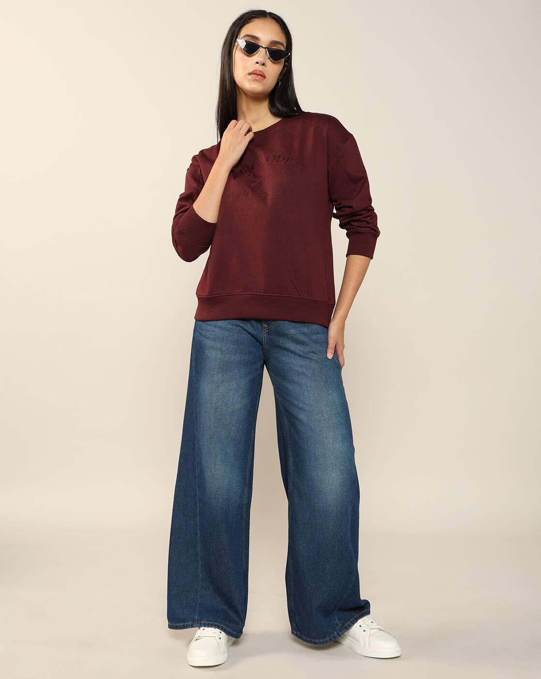Women Regular Fit Round-Neck Sweatshirt with Brand Print