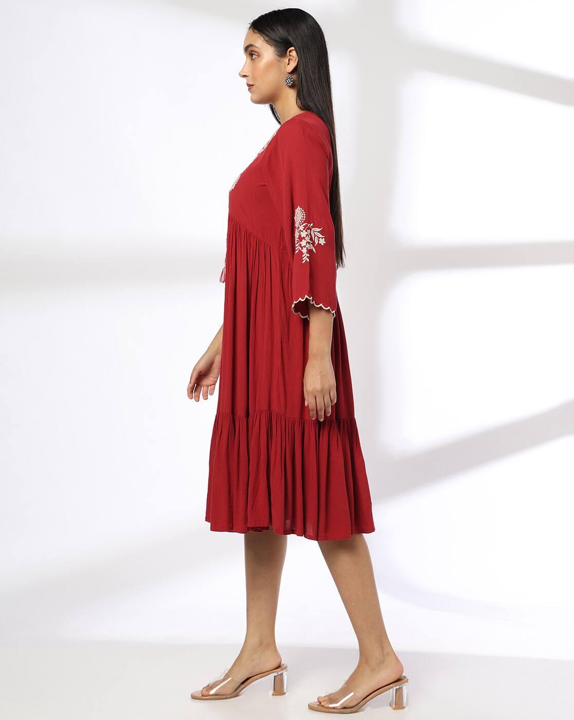 Women Embroidered V-Neck Tiered Dress