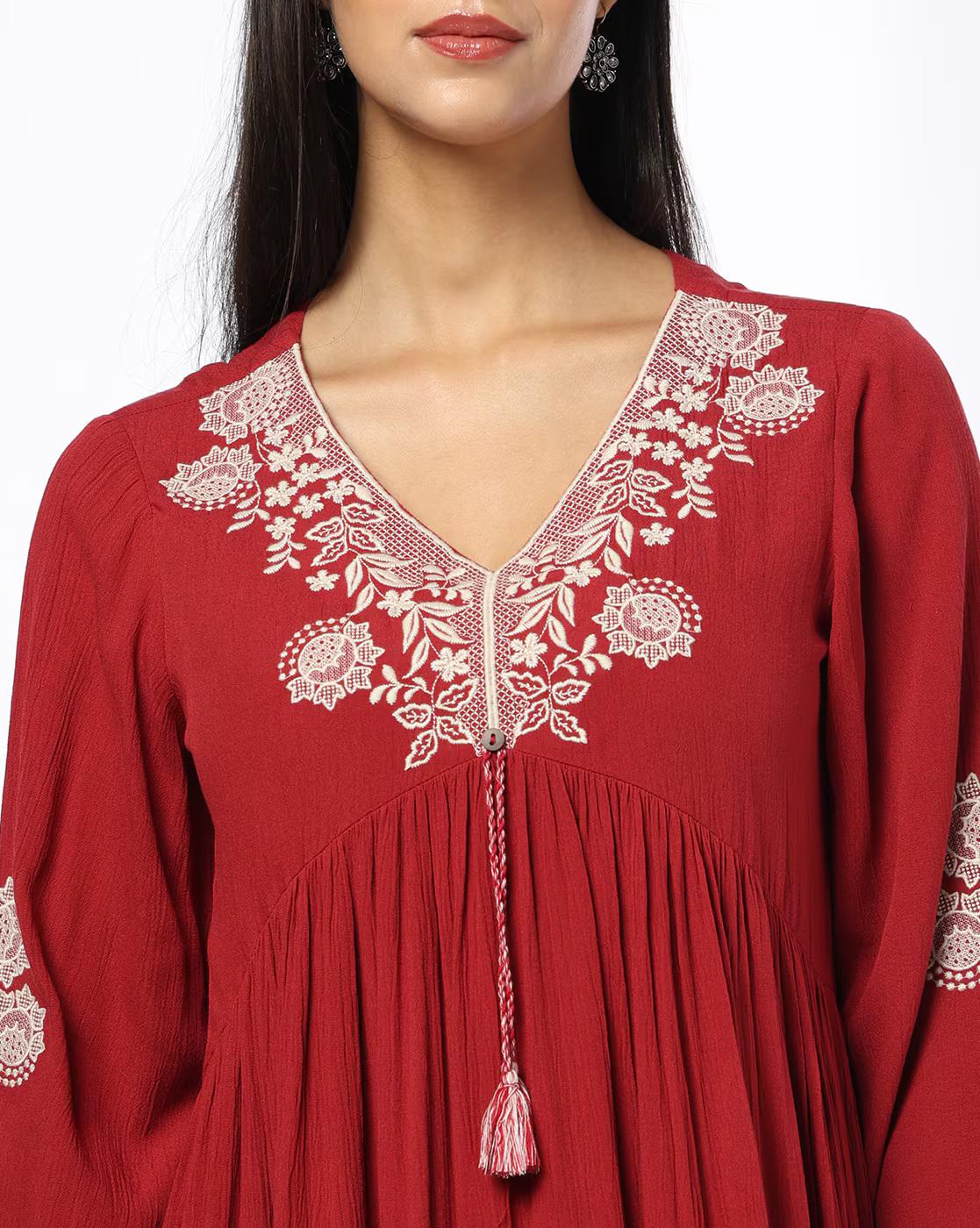 Women Embroidered V-Neck Tiered Dress