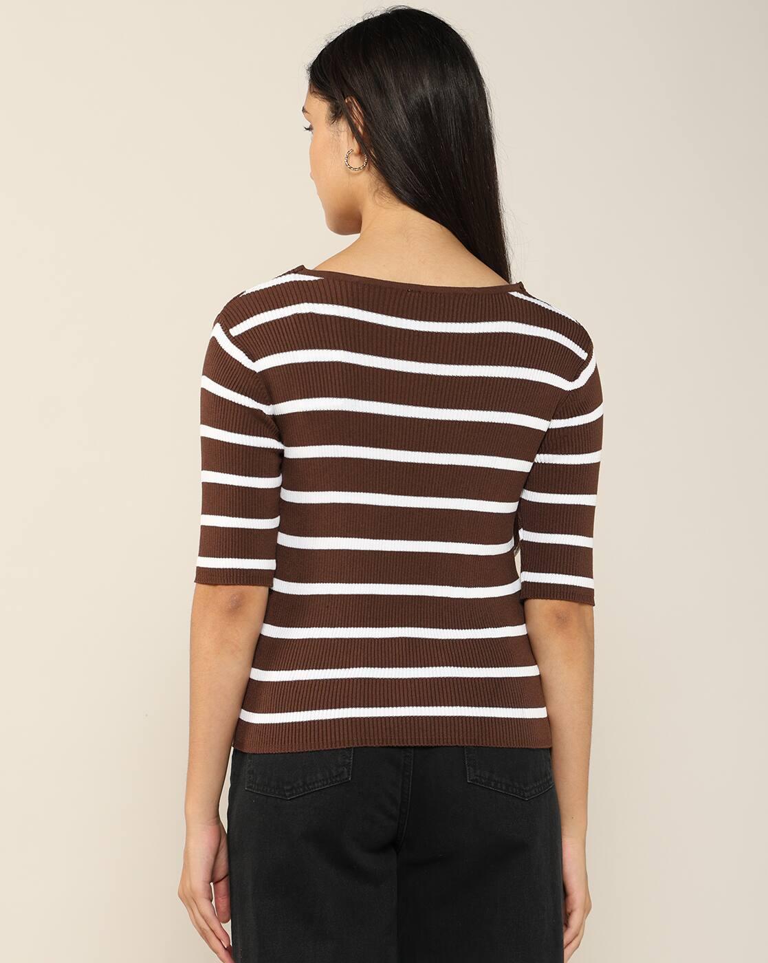 Women Striped Regular Fit V-Neck Top