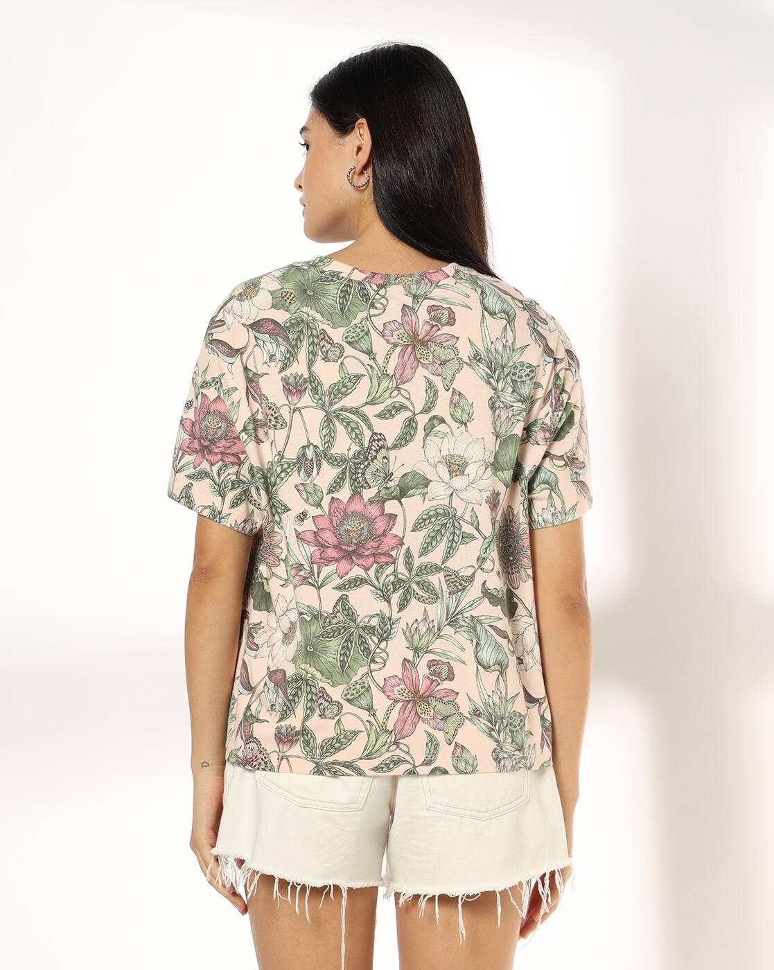 Women Floral Print Boxy Fit Crew-Neck T-Shirt