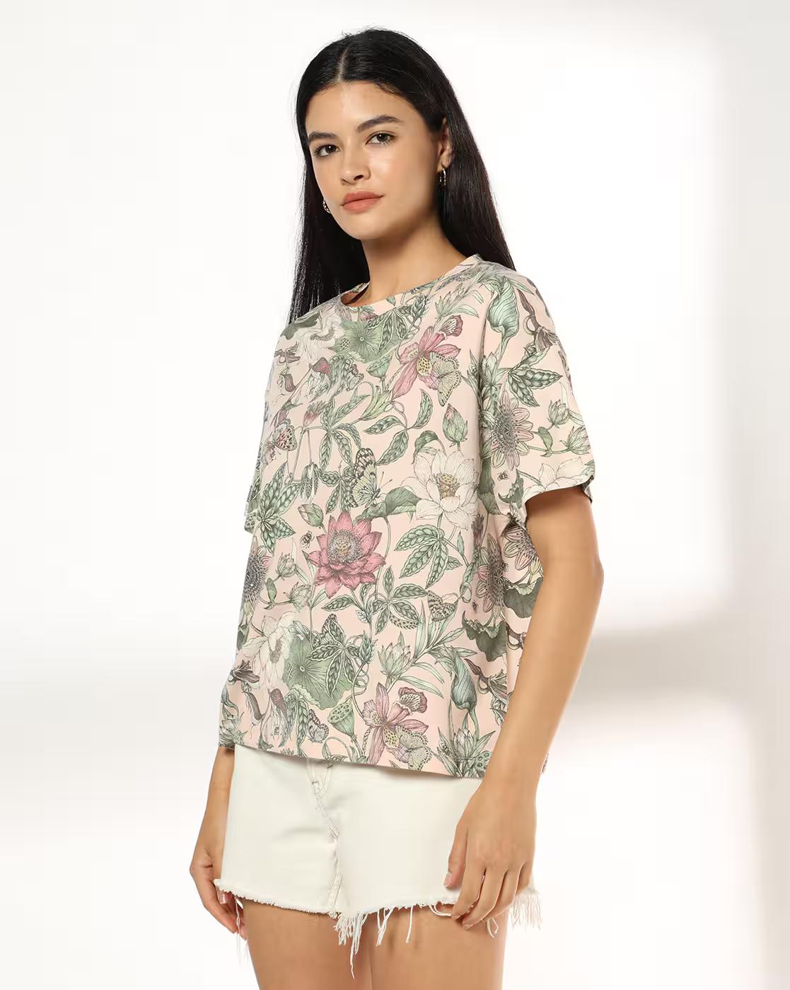 Women Floral Print Boxy Fit Crew-Neck T-Shirt