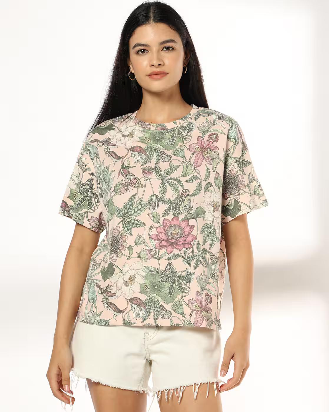 Women Floral Print Boxy Fit Crew-Neck T-Shirt