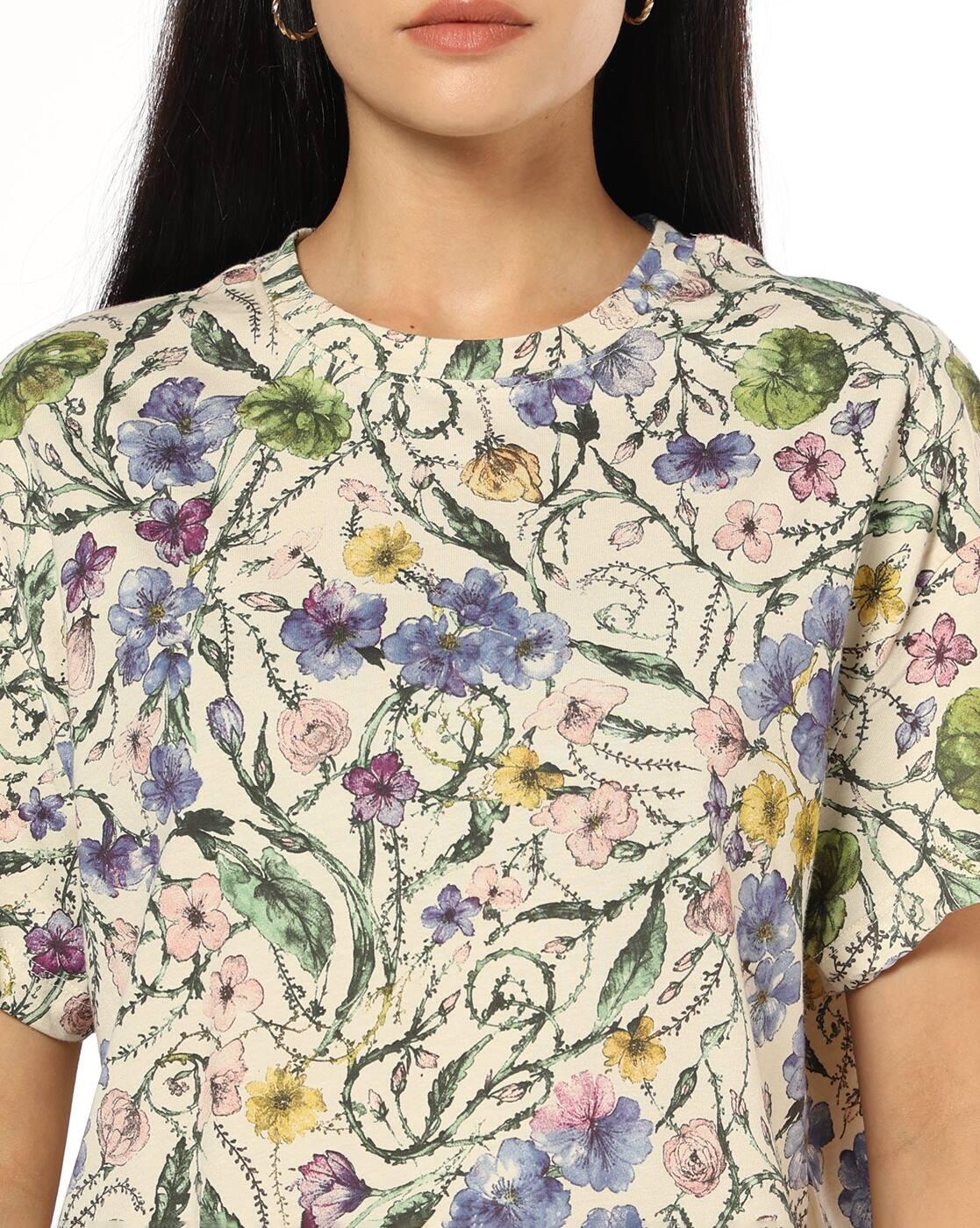 Women Floral Print Boxy Fit Crew-Neck T-Shirt