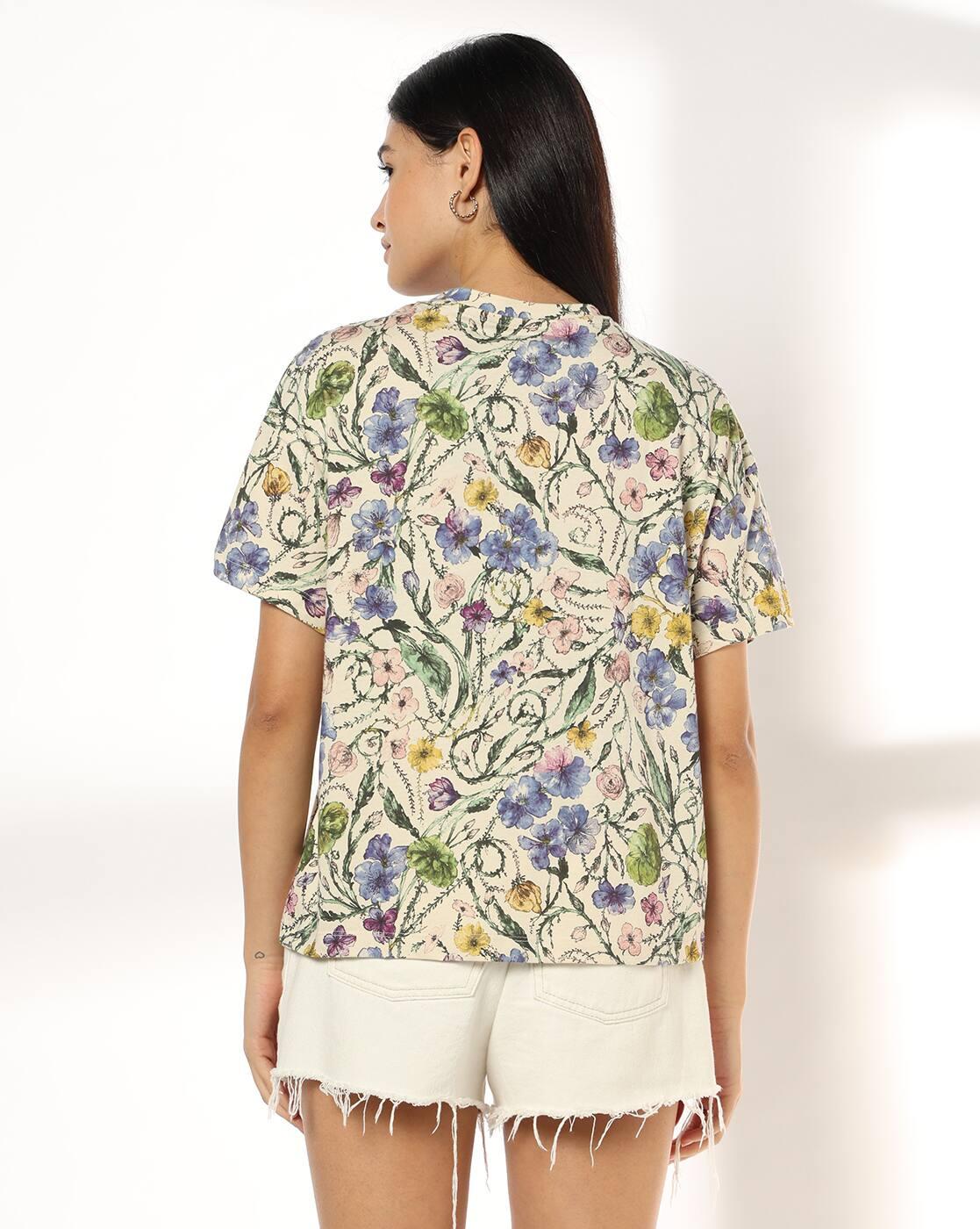 Women Floral Print Boxy Fit Crew-Neck T-Shirt