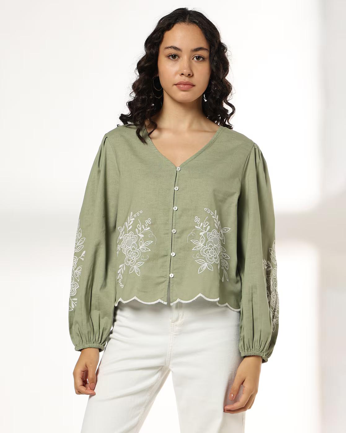 Women Embroidered Regular Fit V-Neck Top