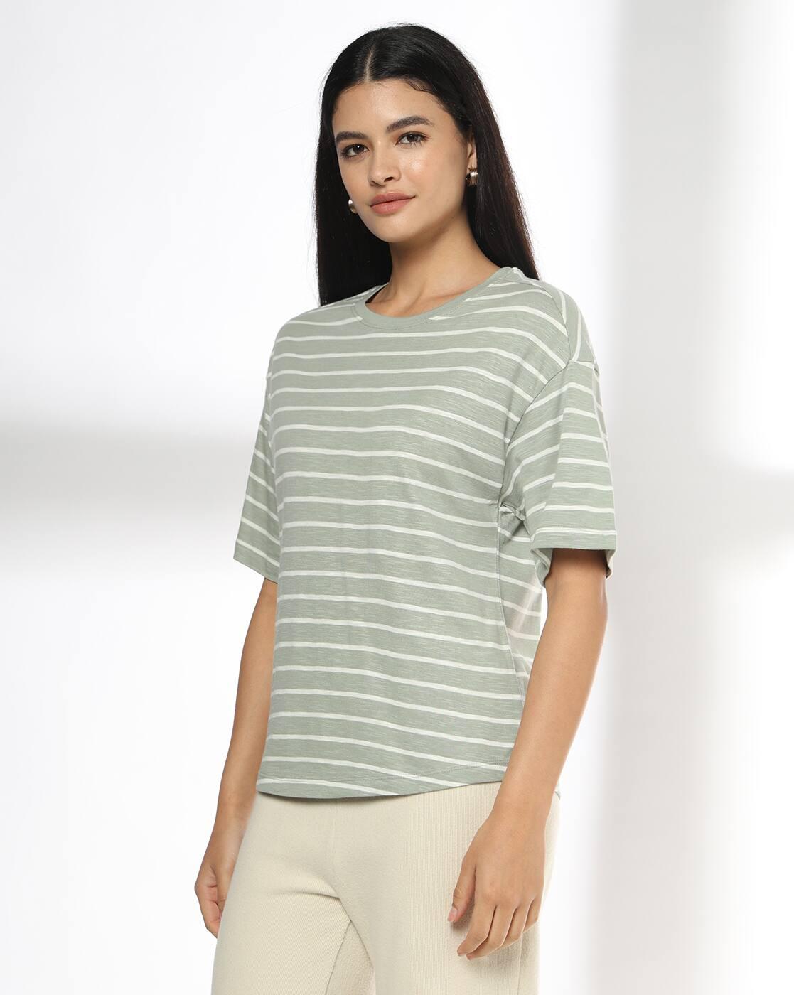 Women Striped Relaxed Fit Round-Neck T-Shirt