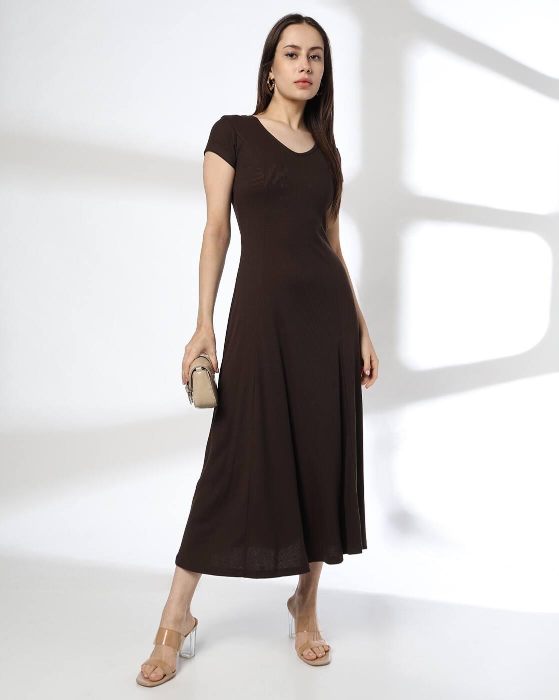 Women Ribbed V-Neck Sheath Midi Dress