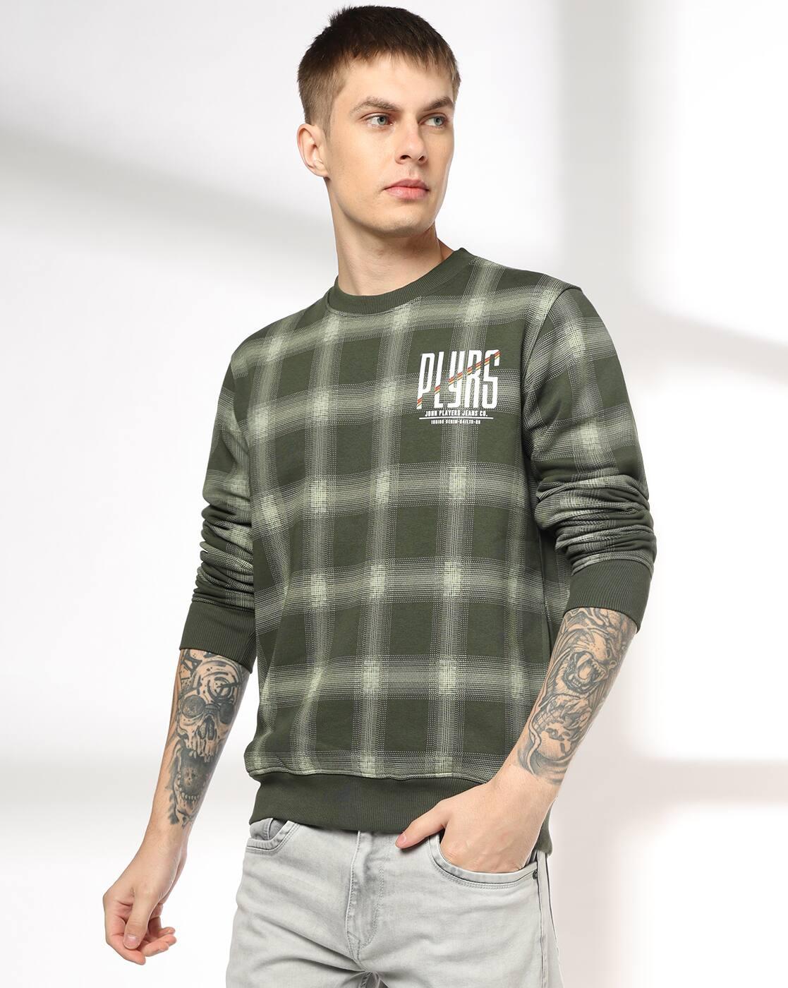 Men Checked Slim Fit Crew-Neck Sweatshirt