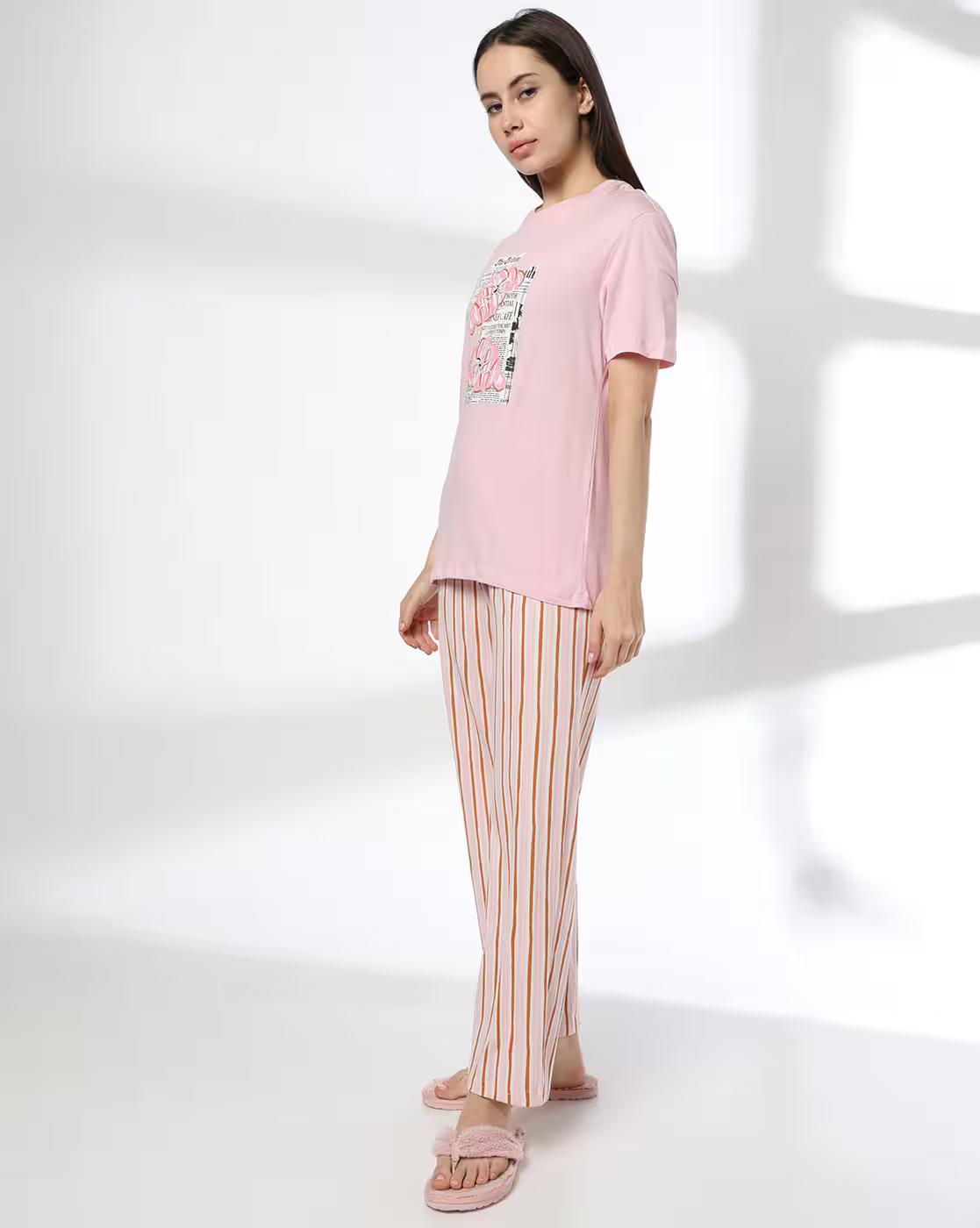 Women All-Over Graphic Print T-Shirt & Pyjamas Set
