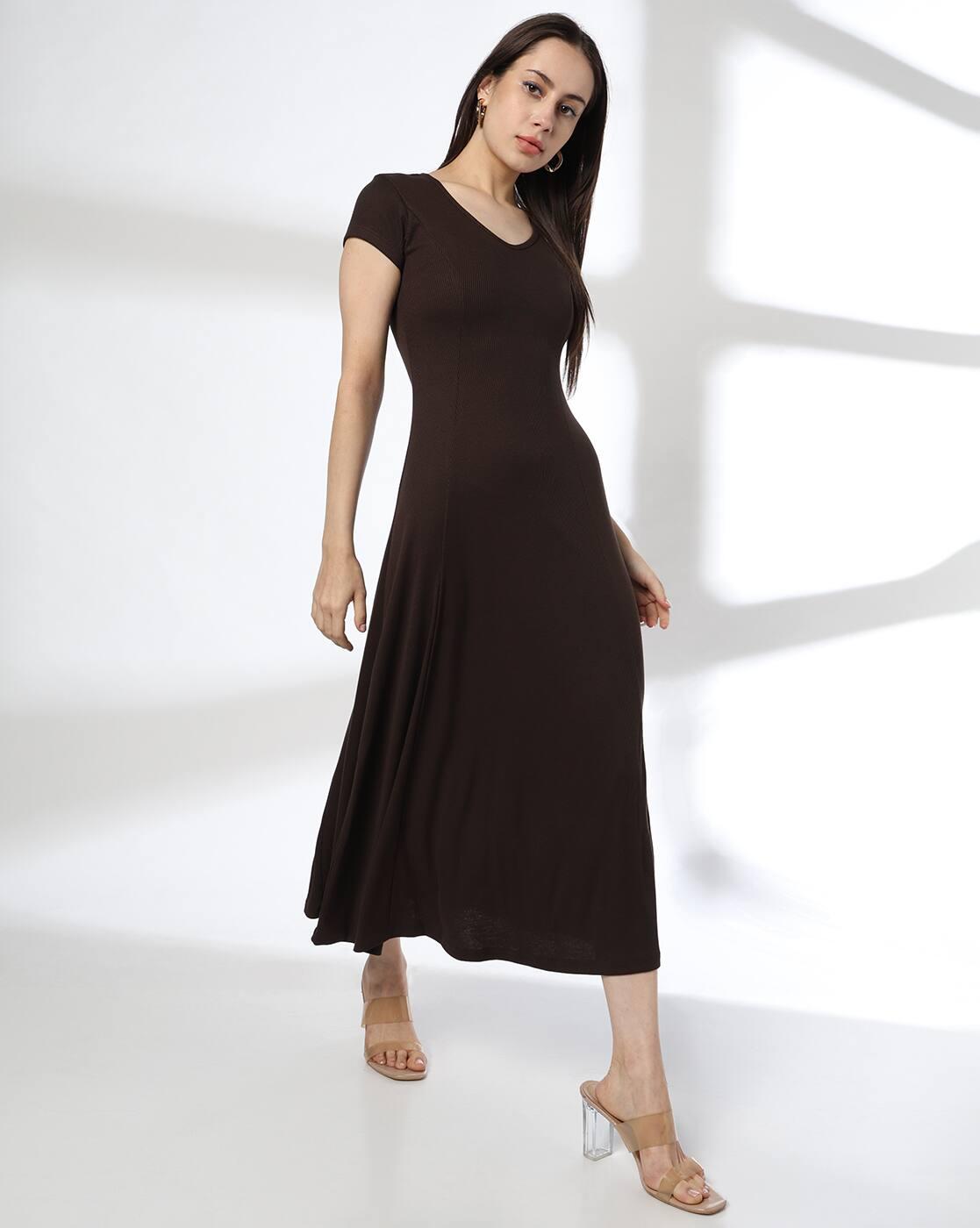 Women Ribbed V-Neck Sheath Midi Dress