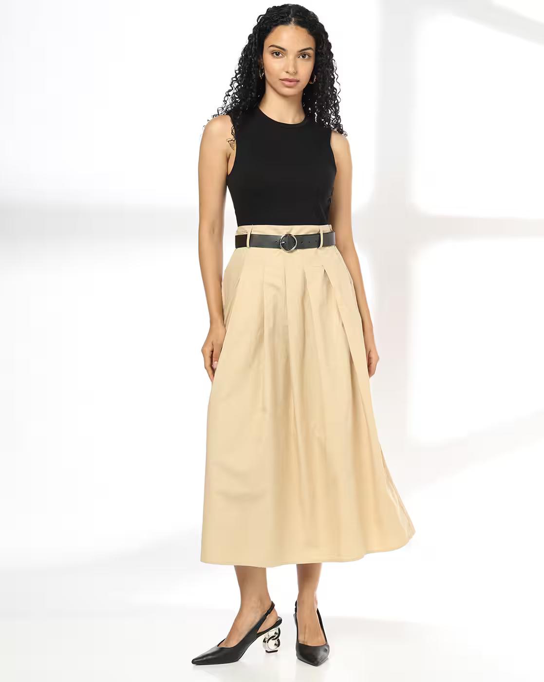 Women Pleated Dual Fabric Fit & Flare Dress with Belt