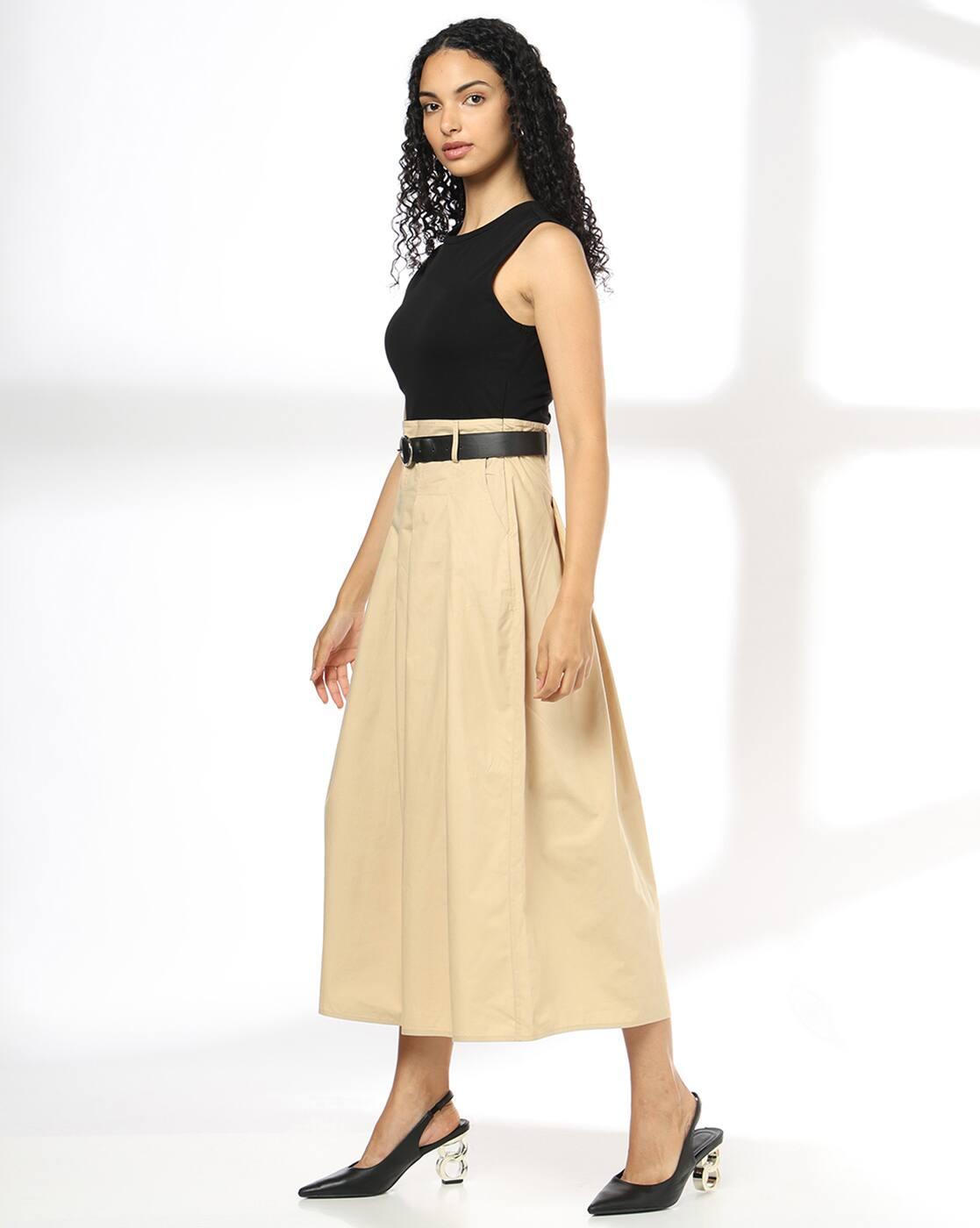Women Pleated Dual Fabric Fit & Flare Dress with Belt