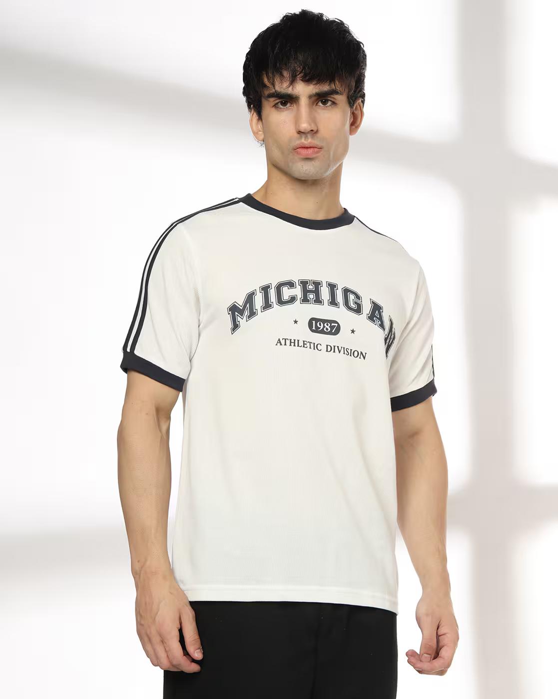 Tape Detail with Chest Print Regular Fit Crew-Neck T-Shirt