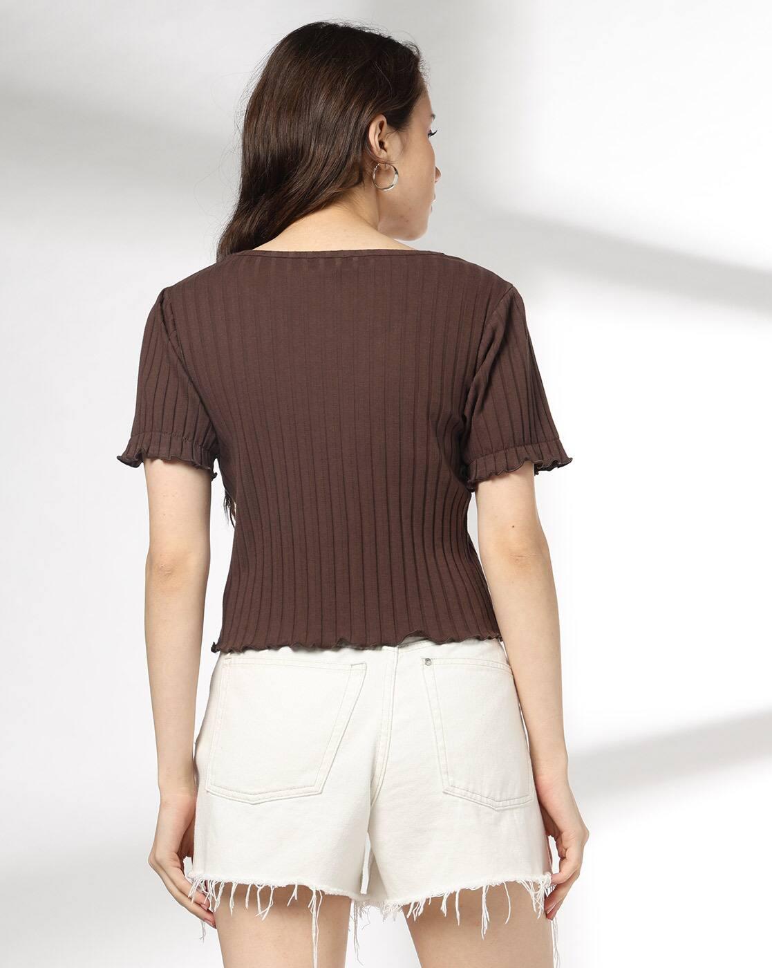 Women Ribbed Regular Fit V-Neck T-Shirt