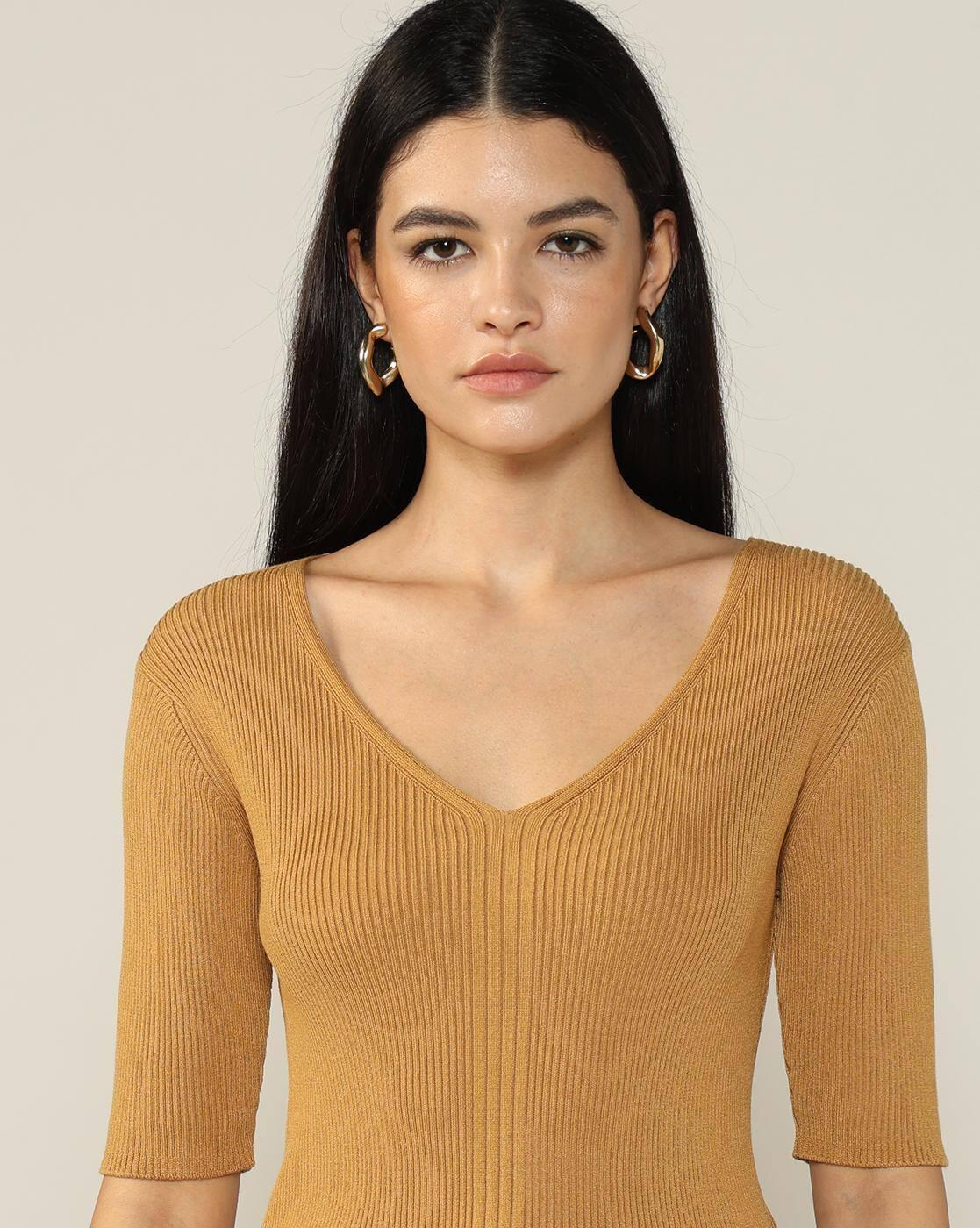 Women Ribbed Regular Fit V-Neck T-Shirt