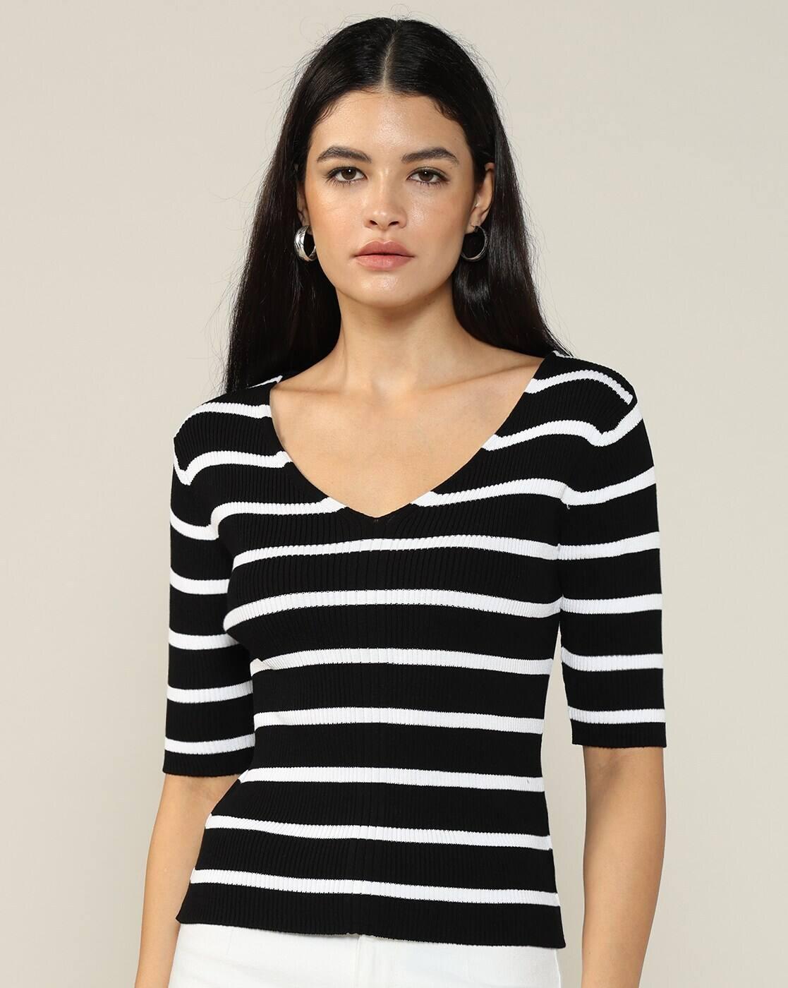 Women Striped Regular Fit V-Neck T-Shirt